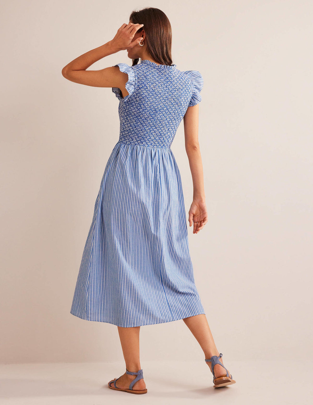 Smocked Bodice Midi Dress-Mid Blue, Leno Stripe-3
