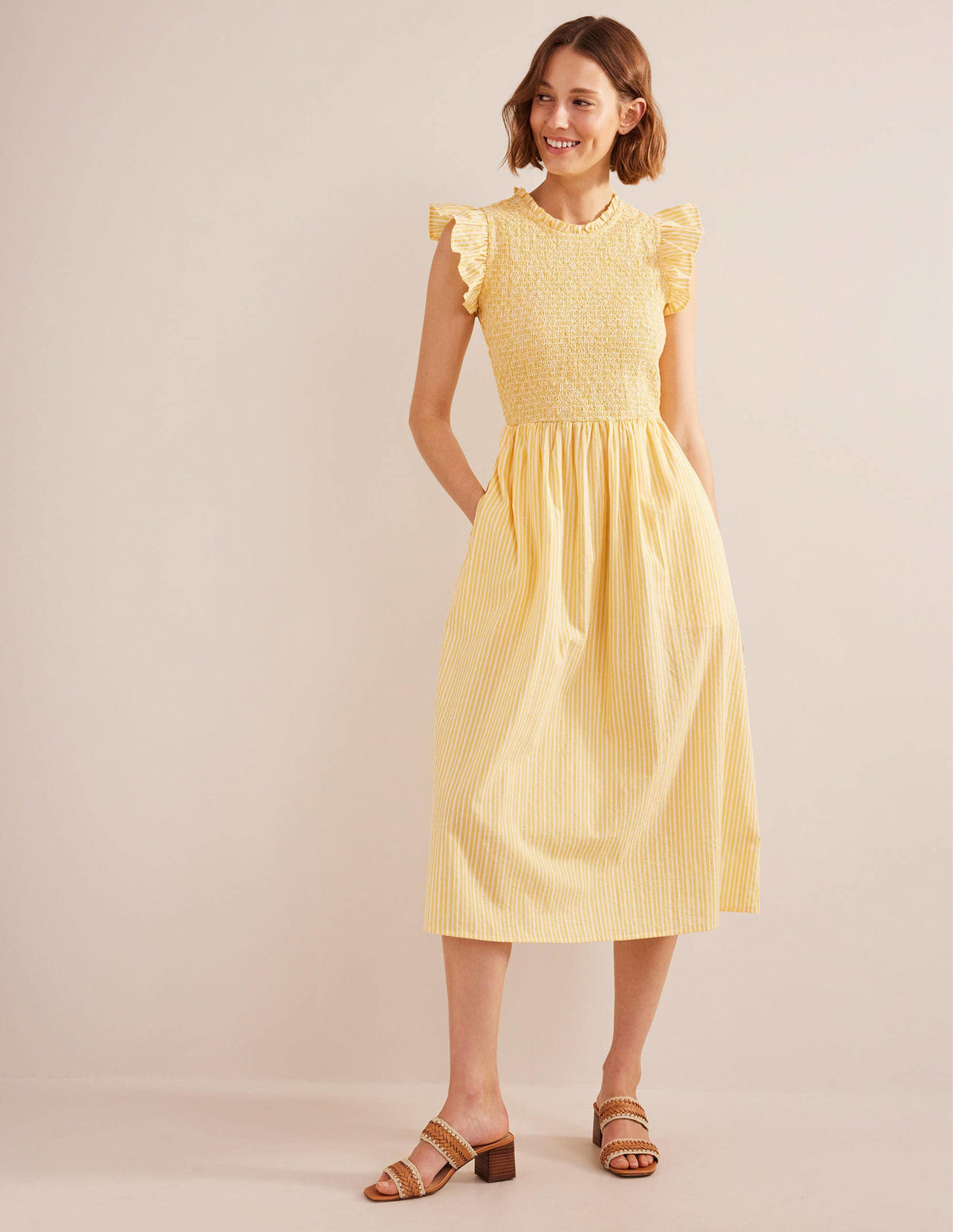 Gestreiftes Midikleid mit Smokdetail-Honiggelb, Gazegewebe/Gestreift - Image 1