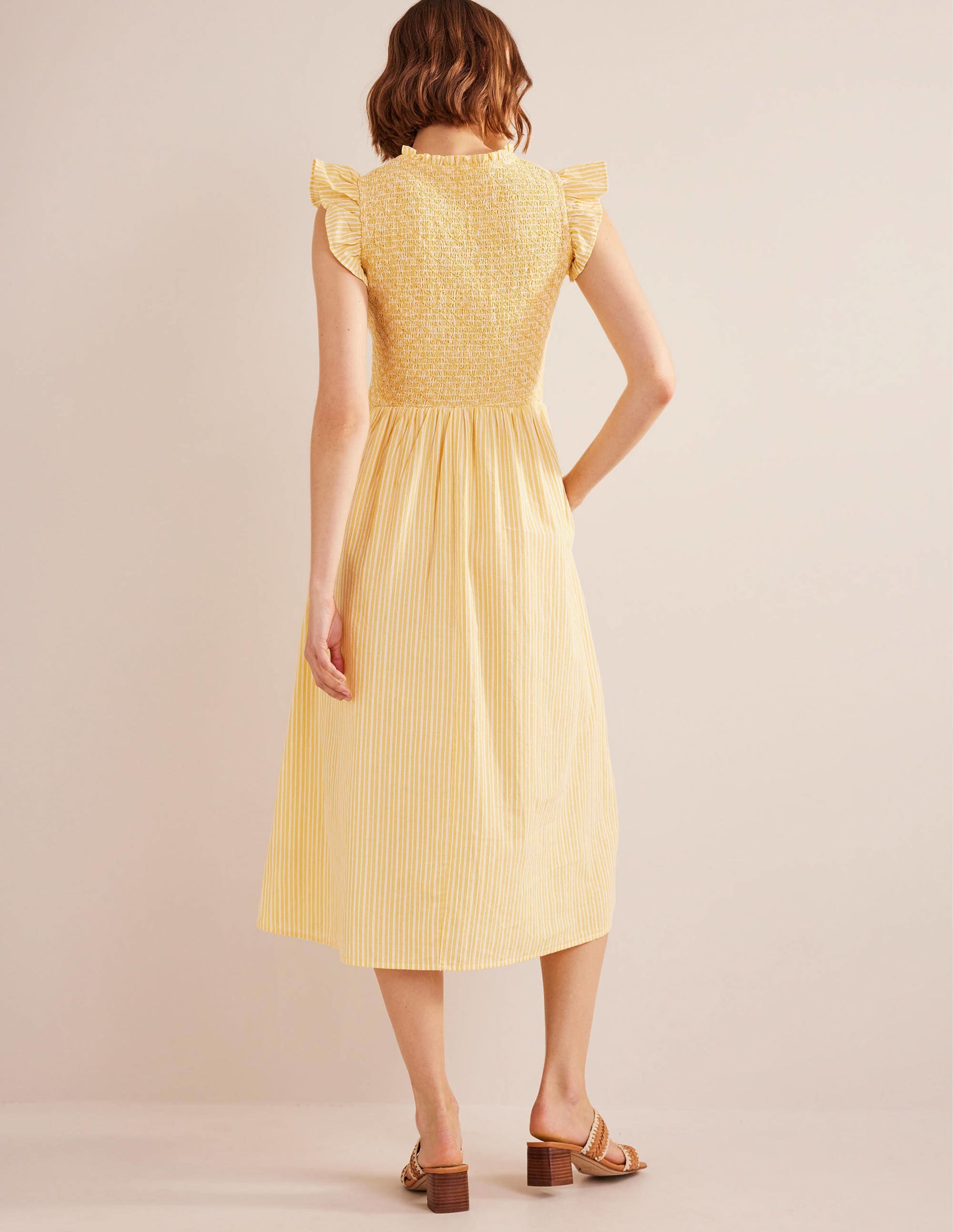 Gestreiftes Midikleid mit Smokdetail-Honiggelb, Gazegewebe/Gestreift - Image 3