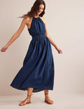 Maxikleid mit Metallic-Details-Marineblau, Goldtupfen