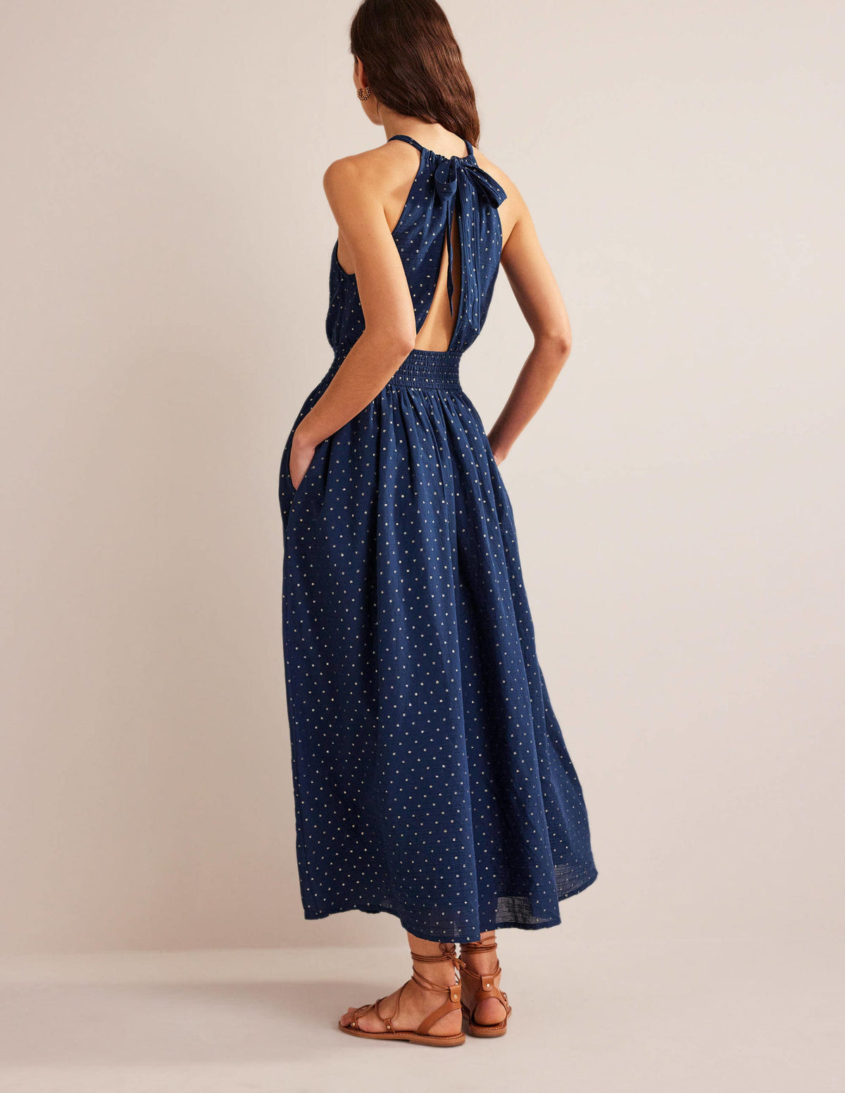 Maxikleid mit Metallic-Details-Marineblau, Goldtupfen - Image 3