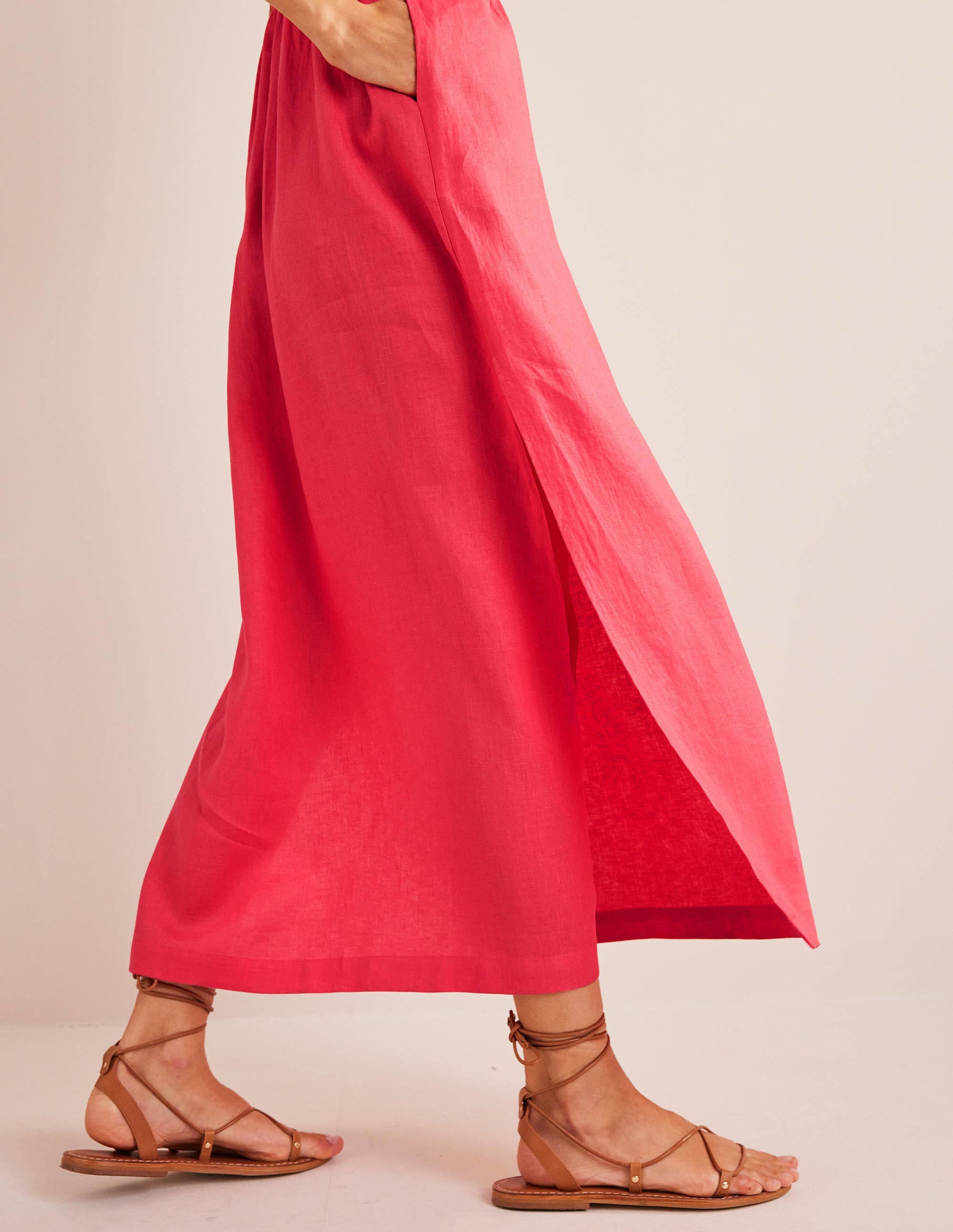Robe longue en lin façon caftan-Coucher de soleil corail - Image 2