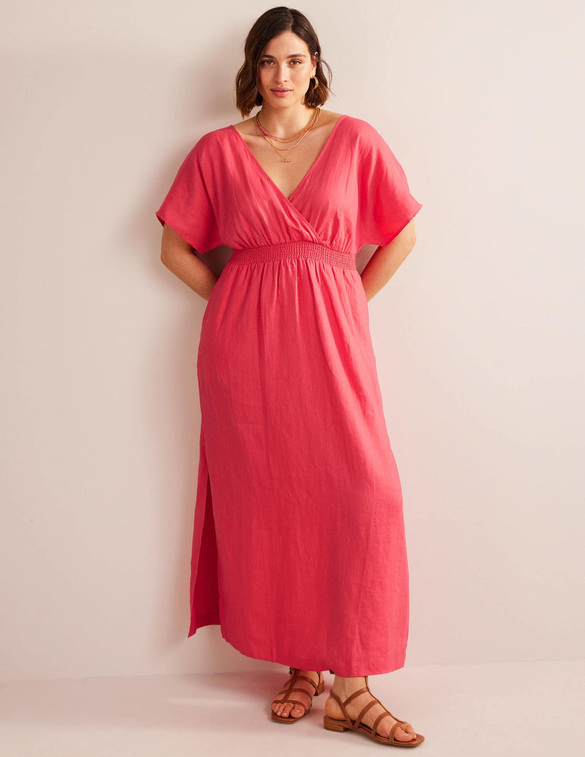 Robe longue en lin façon caftan-Coucher de soleil corail - Image 5