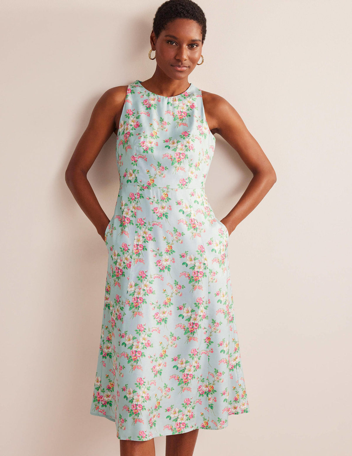 Robe midi ajustée-évasée-Vert pâle, motif floral vintage - Image 1