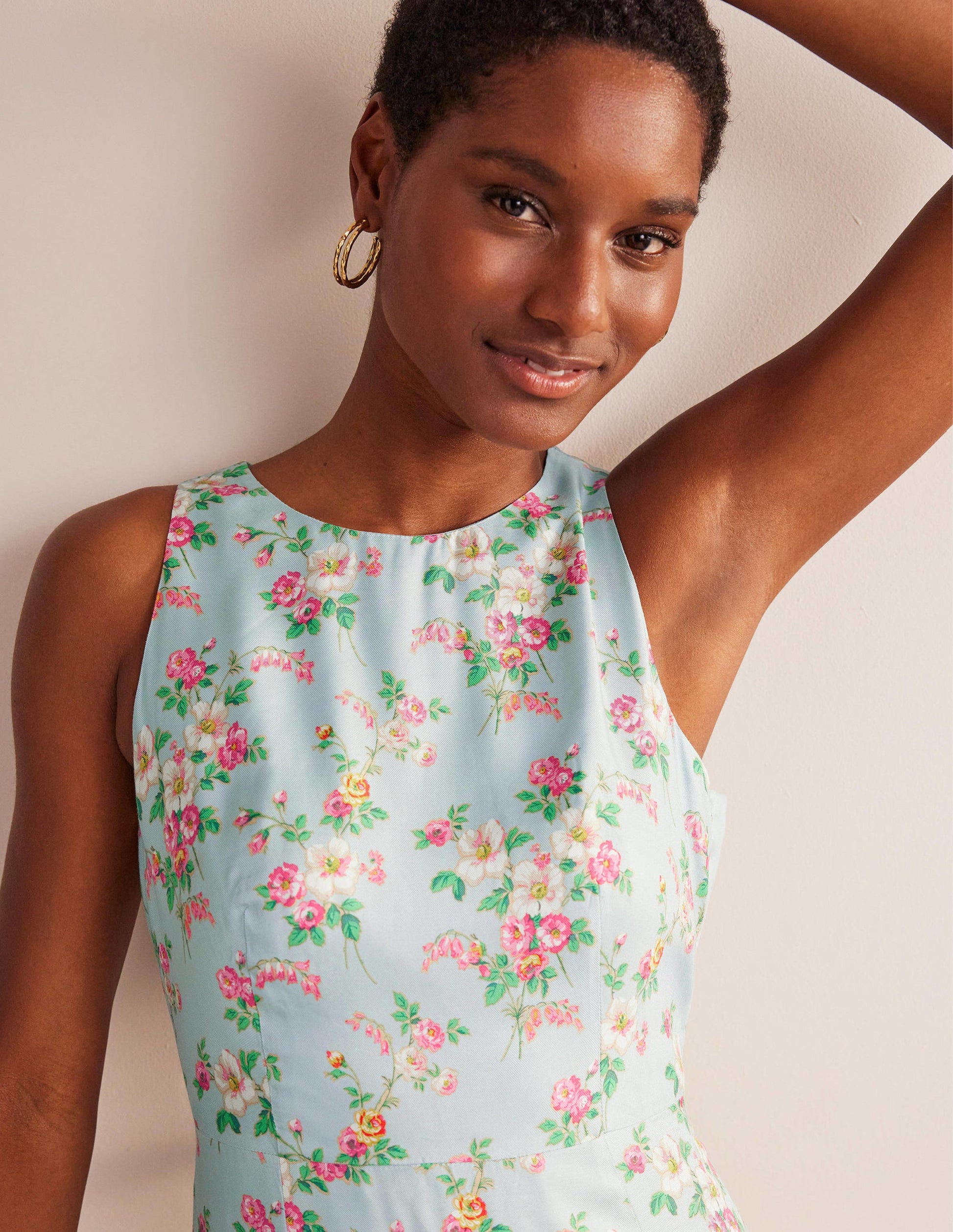 Robe midi ajustée-évasée-Vert pâle, motif floral vintage-2