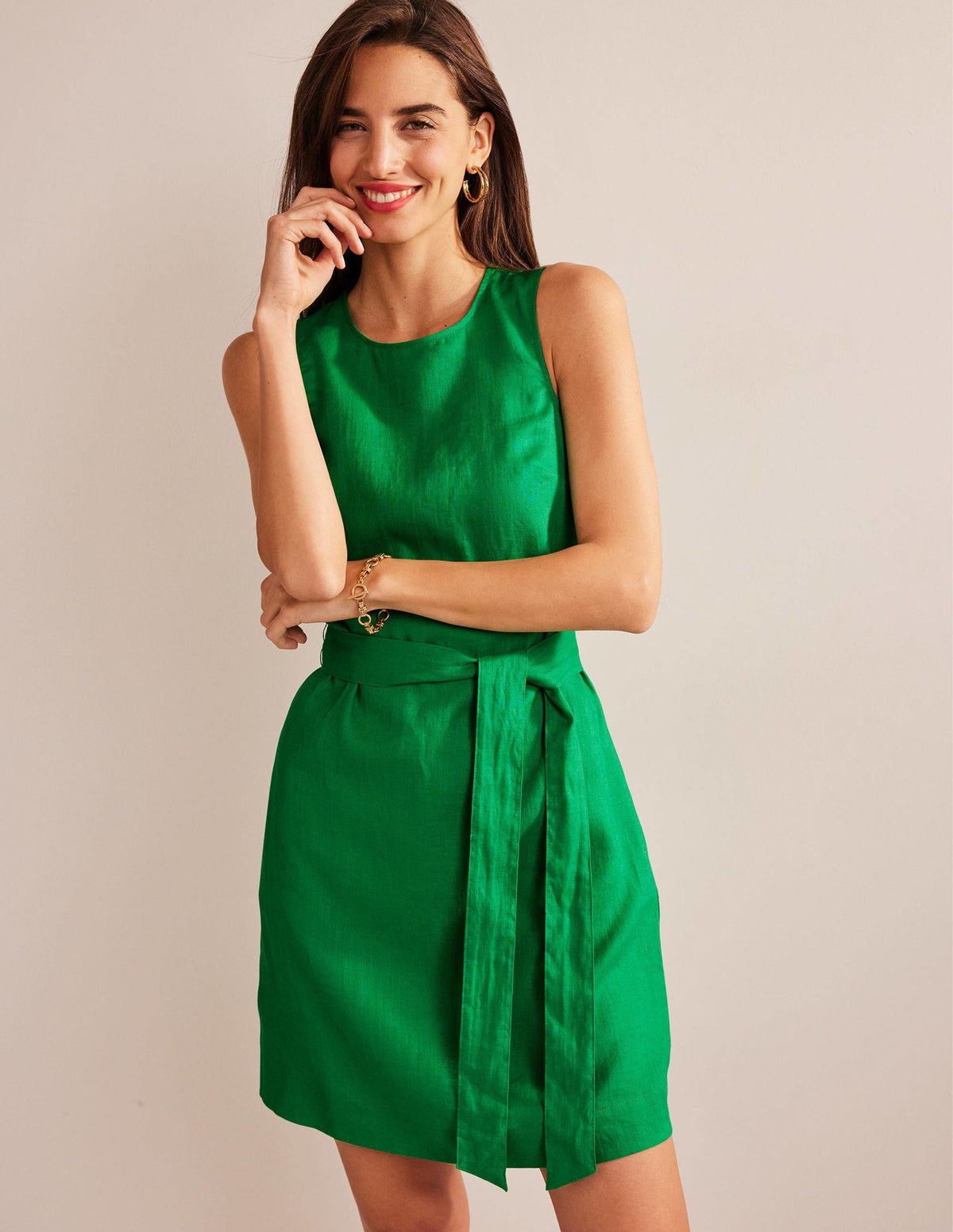 Ärmelloses Leinenkleid-Sattes Smaragdgrün-1