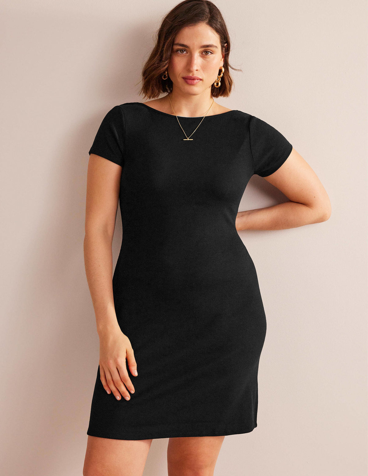 Low-Back Rib Jersey Mini Dress-Black-5