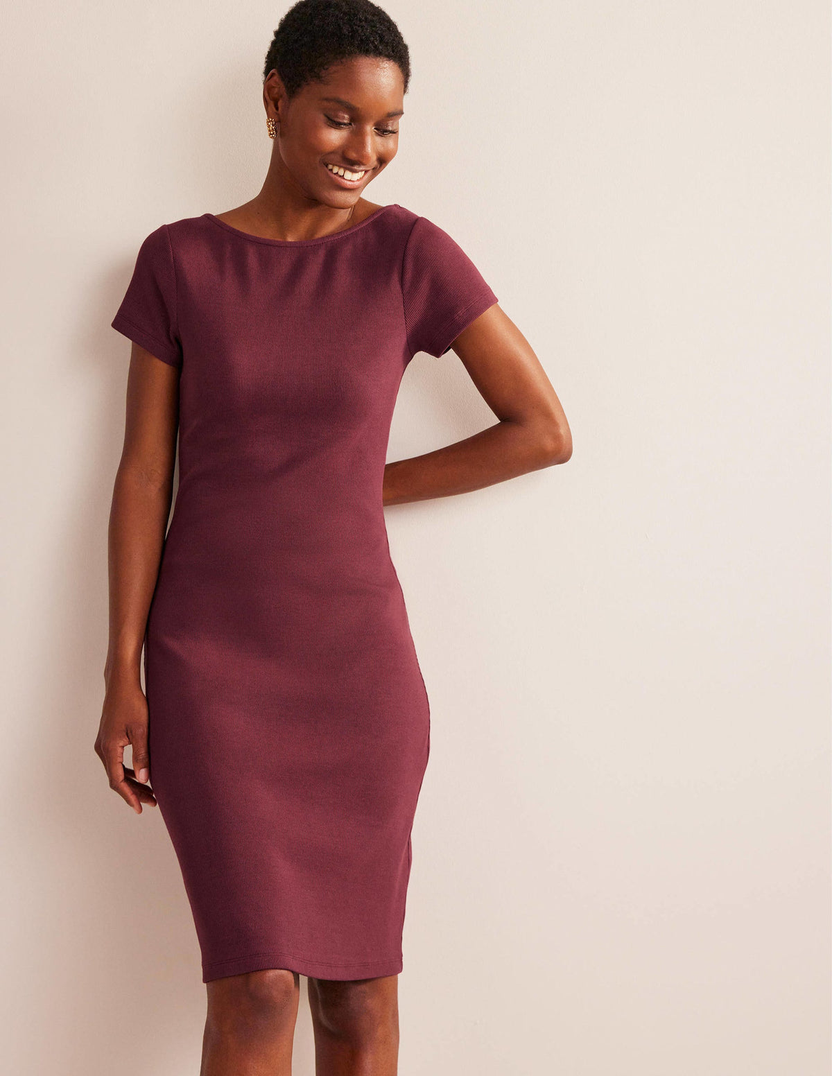 Low-Back Rib Jersey Mini Dress-Dark Burgundy - Image 1