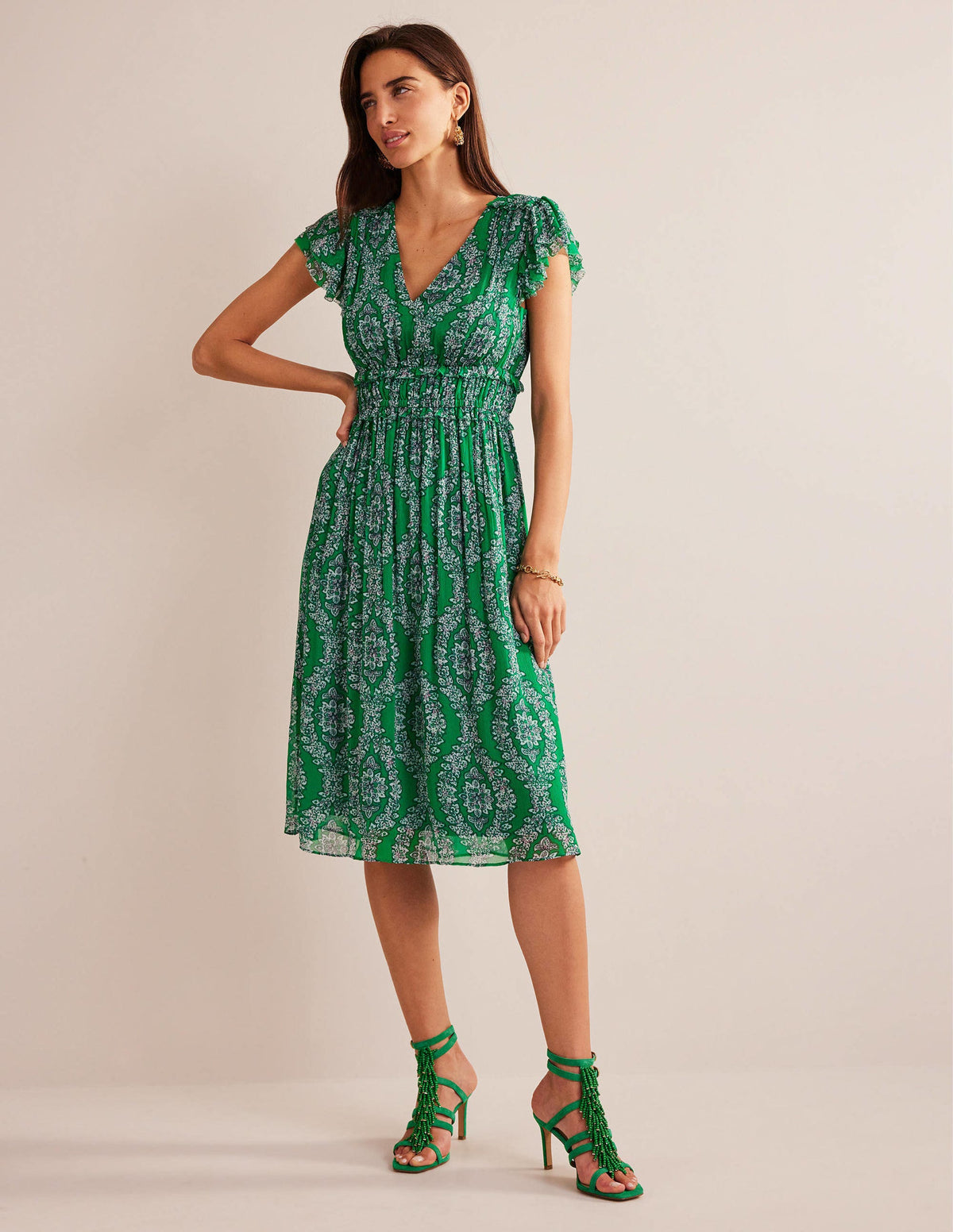 Midikleid mit geraffter Taille-Sattes Smaragdgrün, Blumenkränze-1