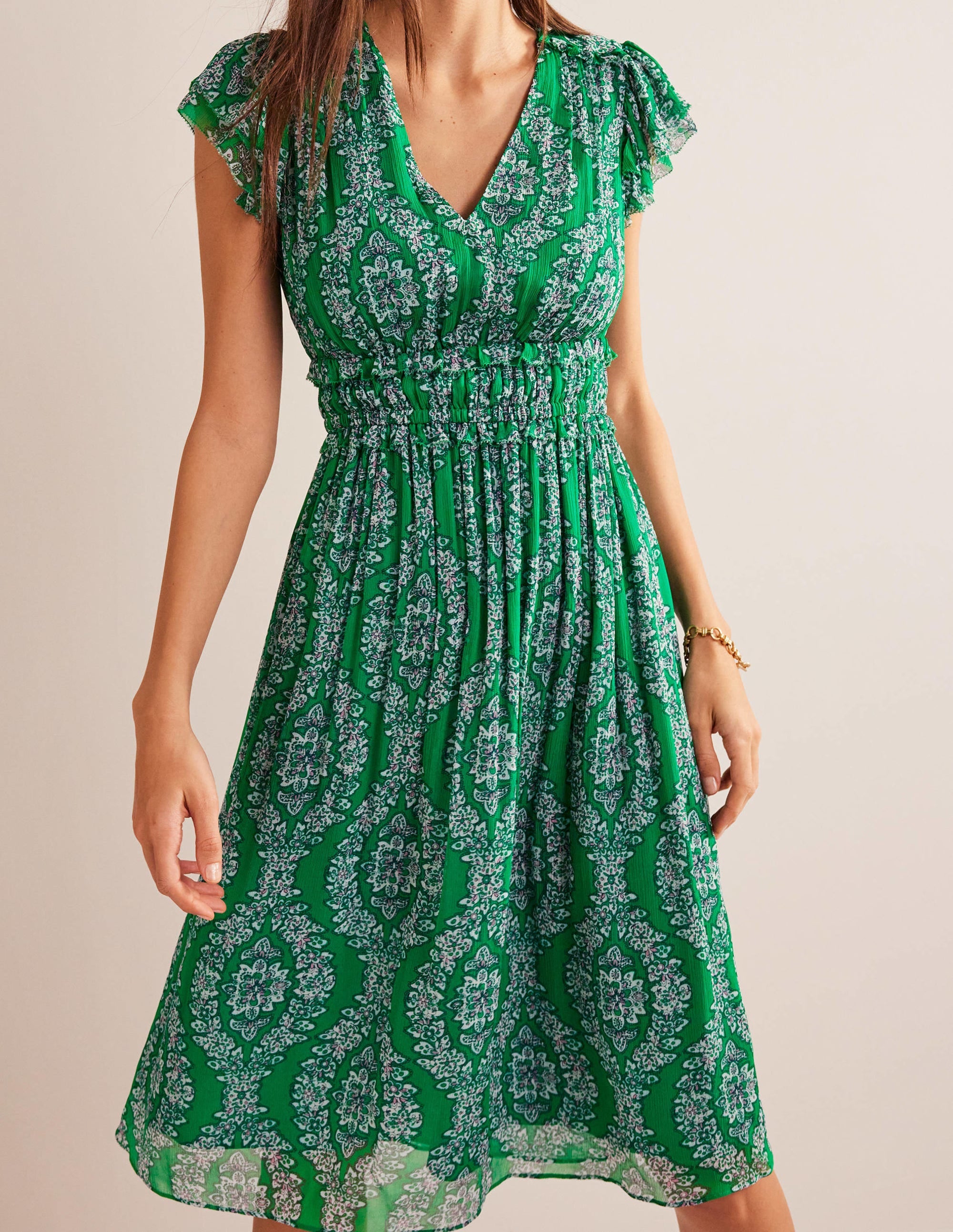Midikleid mit geraffter Taille-Sattes Smaragdgrün, Blumenkränze - Image 4