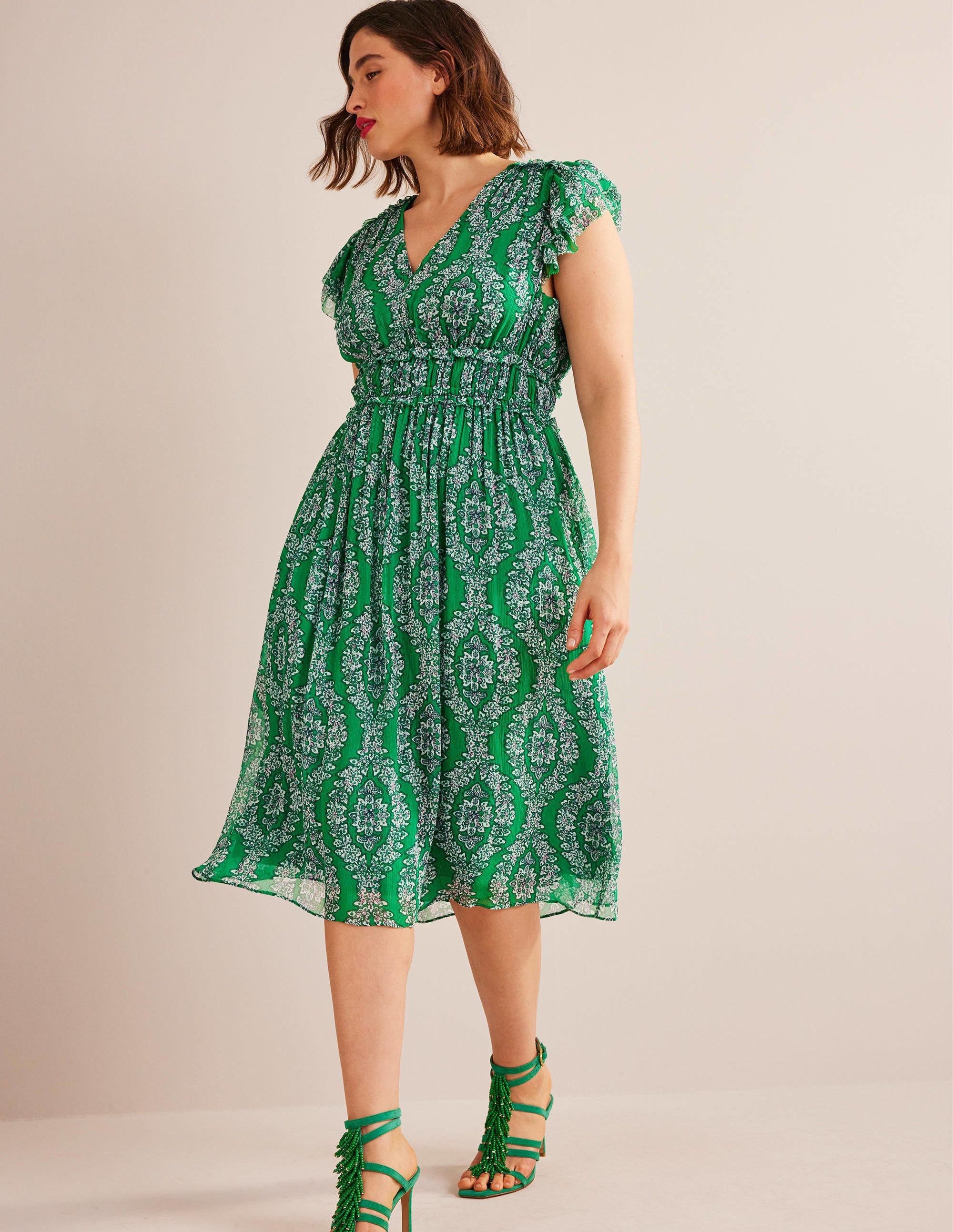 Midikleid mit geraffter Taille-Sattes Smaragdgrün, Blumenkränze - Image 5