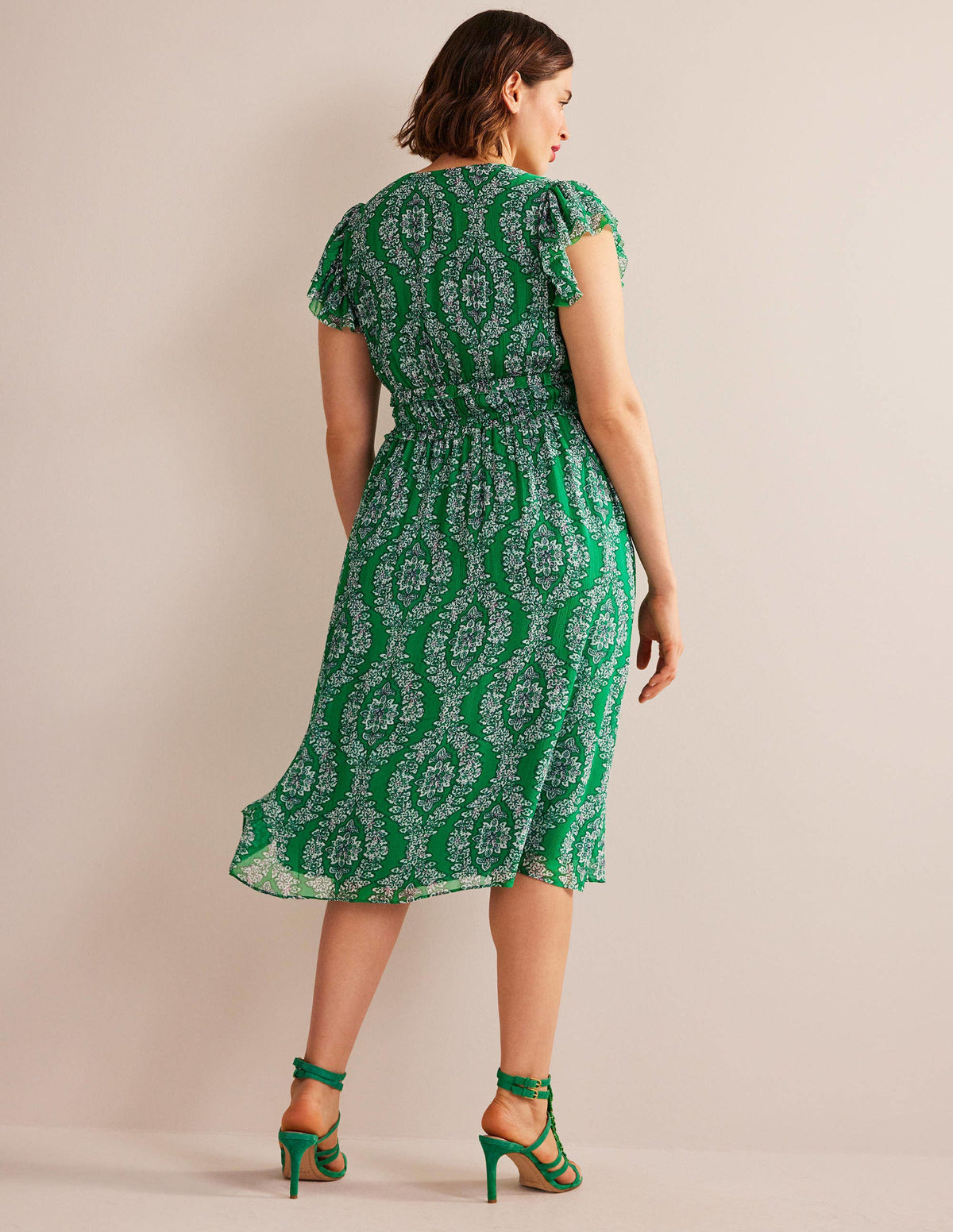Midikleid mit geraffter Taille-Sattes Smaragdgrün, Blumenkränze-6