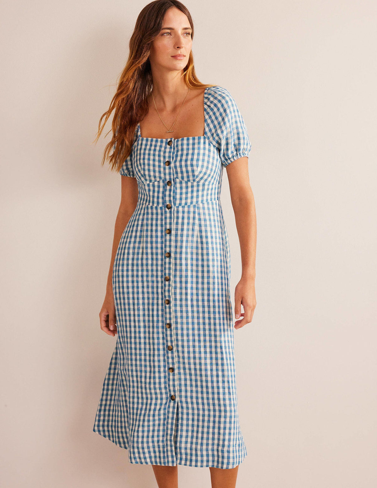 Leinen-Midikleid mit eckigem Ausschnitt-Ritterspornblau, Vichykaros - Image 1