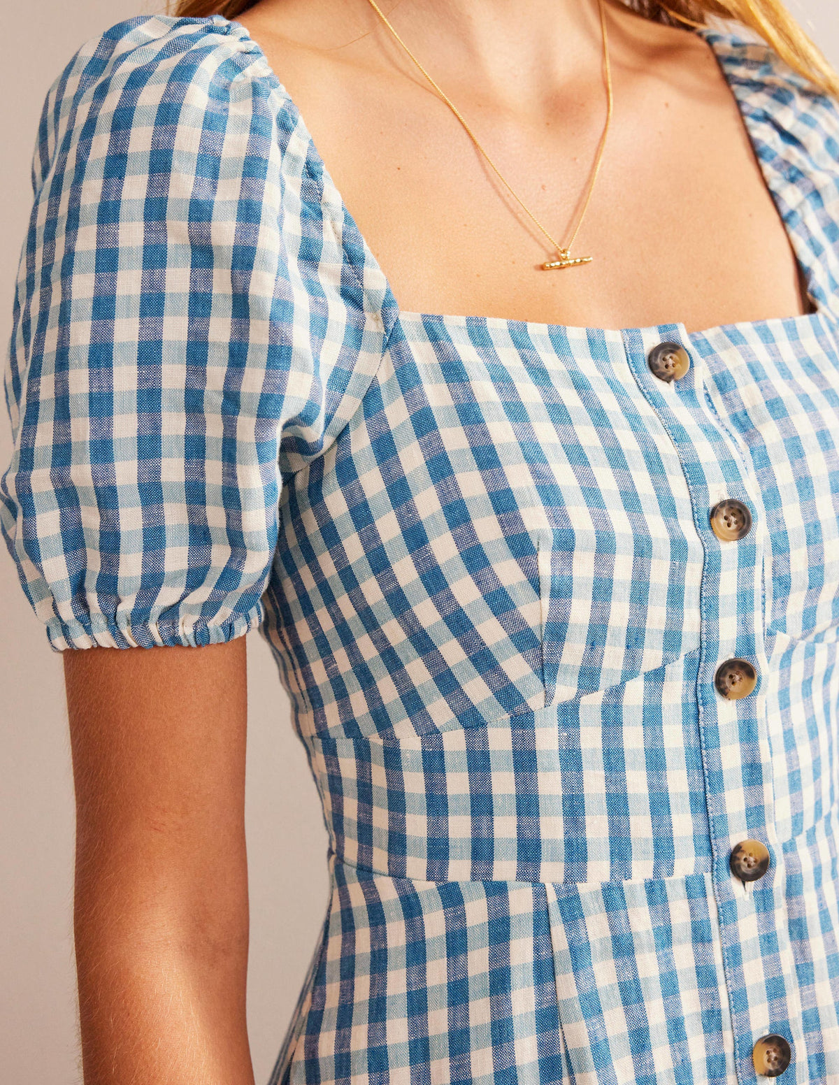 Leinen-Midikleid mit eckigem Ausschnitt-Ritterspornblau, Vichykaros - Image 2