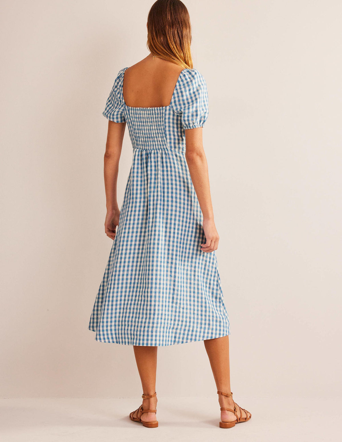Leinen-Midikleid mit eckigem Ausschnitt-Ritterspornblau, Vichykaros - Image 3