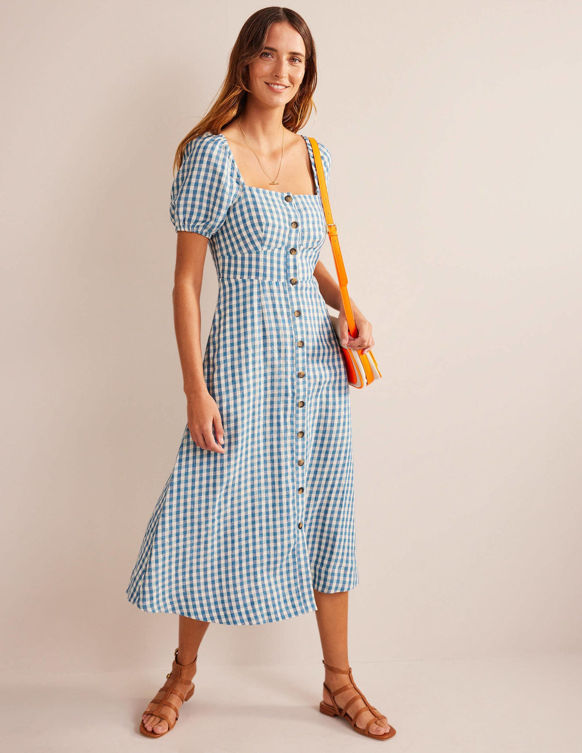 Leinen-Midikleid mit eckigem Ausschnitt-Ritterspornblau, Vichykaros - Image 4