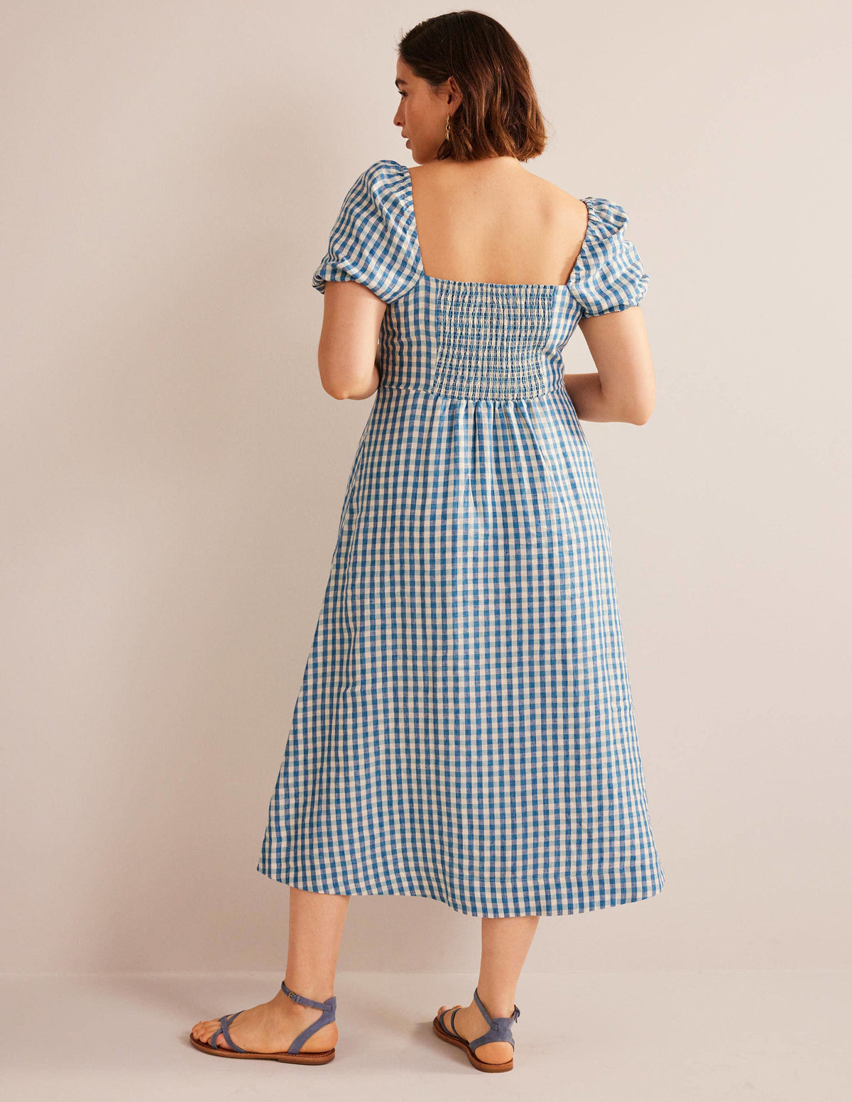 Leinen-Midikleid mit eckigem Ausschnitt-Ritterspornblau, Vichykaros - Image 6