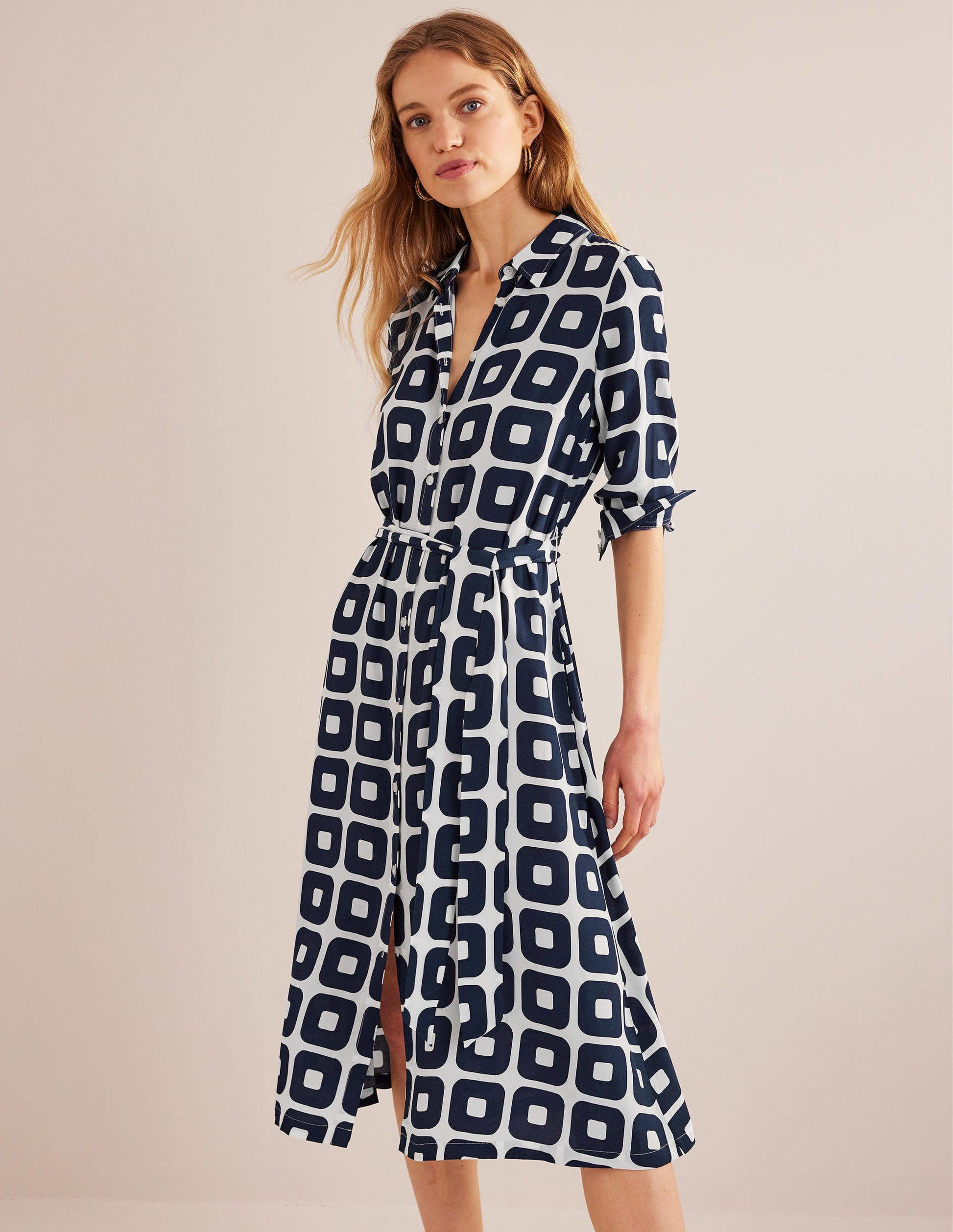 Hemdblusenkleid in Midilänge mit Muster-Französisches Marineblau, kleiner Würfel-1