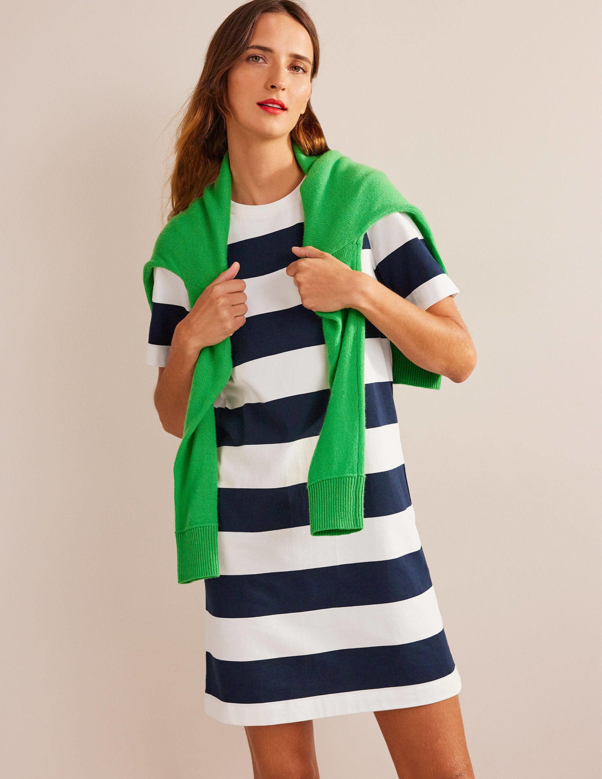 T-Shirt-Minikleid mit Rundhalsausschnitt-Naturweiß/Marineblau, Gestreift-1