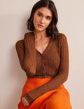 Kurzer Pointelle-Cardigan mit Goldgarn-Cognac-Bronze, Goldglitzer