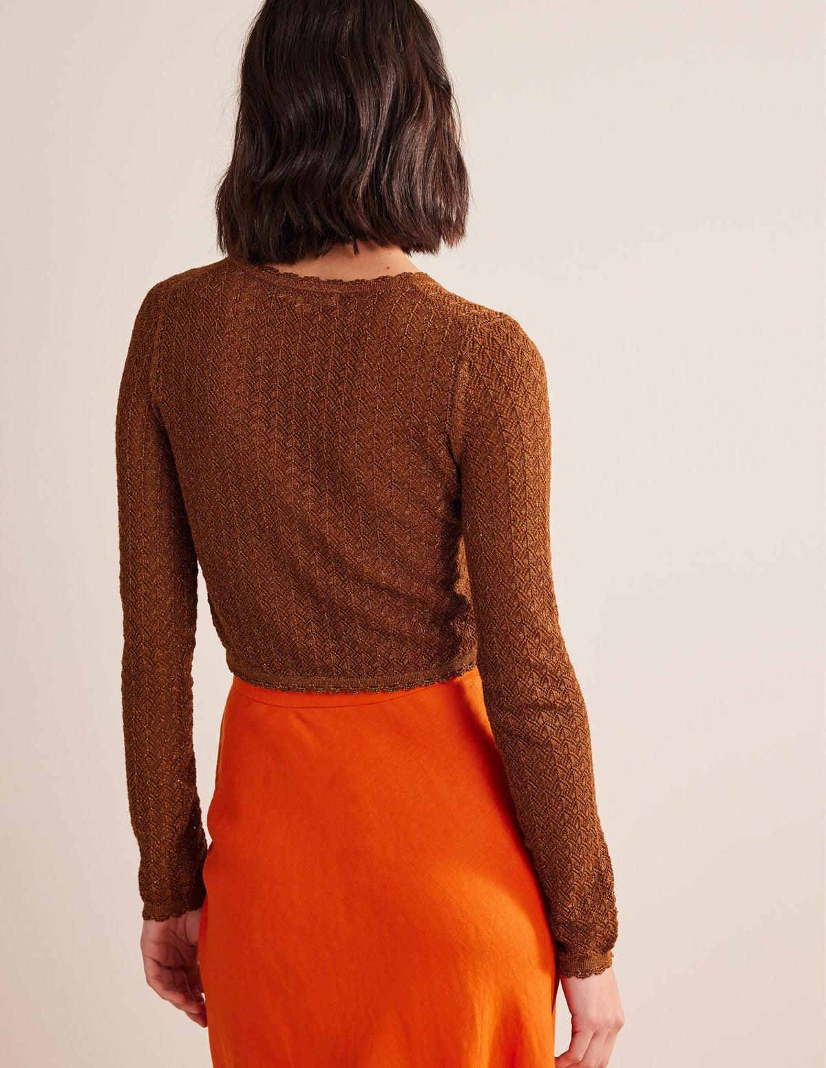 Kurzer Pointelle-Cardigan mit Goldgarn-Cognac-Bronze, Goldglitzer-3