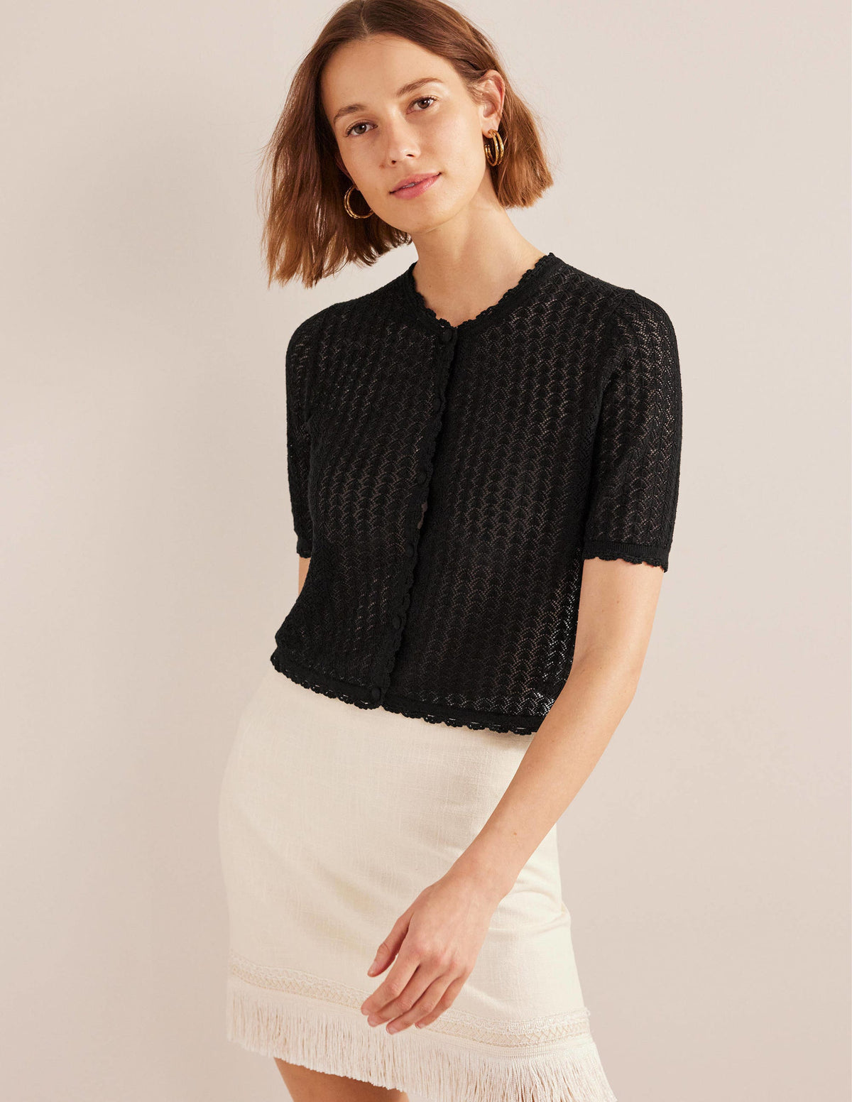 Kurz geschnittener Cardigan mit kurzen Ärmeln-Schwarz-4