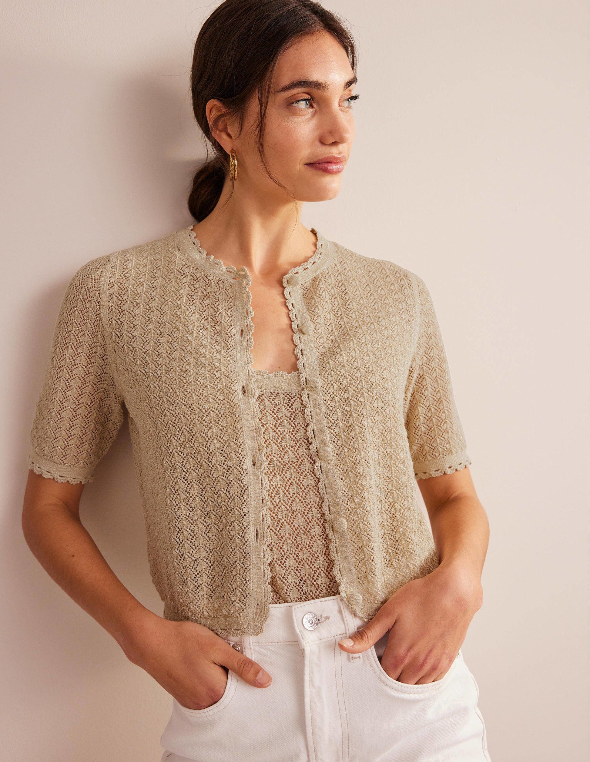 Kurz geschnittener Cardigan mit kurzen Ärmeln-Gold, Glitzer-1