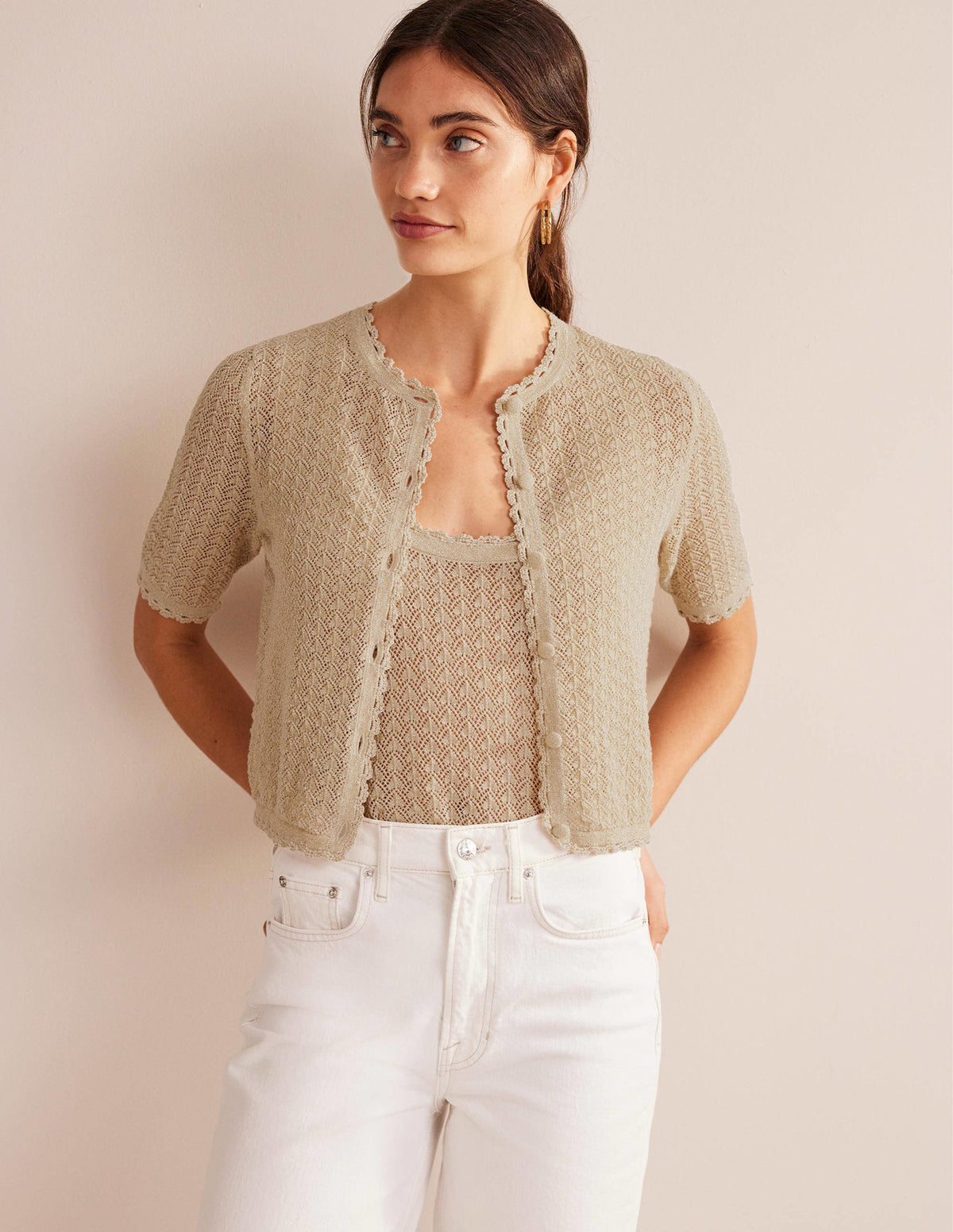 Kurz geschnittener Cardigan mit kurzen Ärmeln-Gold, Glitzer - Image 4