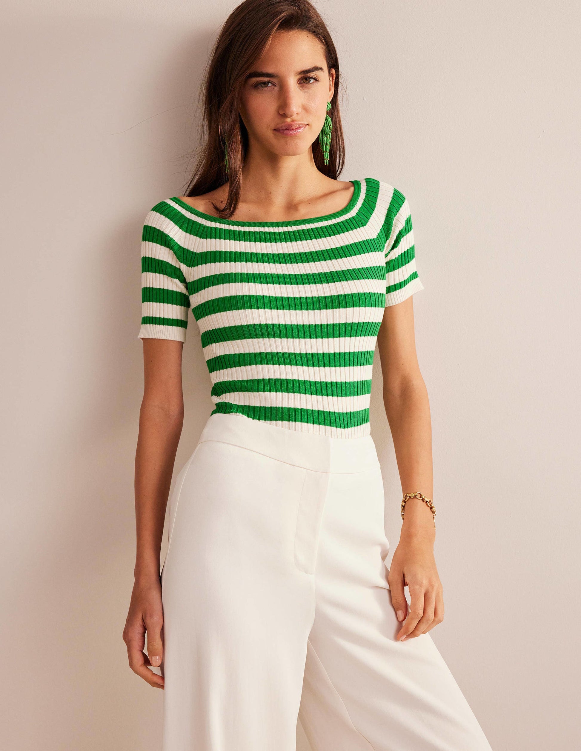 Off-Shoulder Ribbed Top-Rich Emerald, Ivory Stripe-1