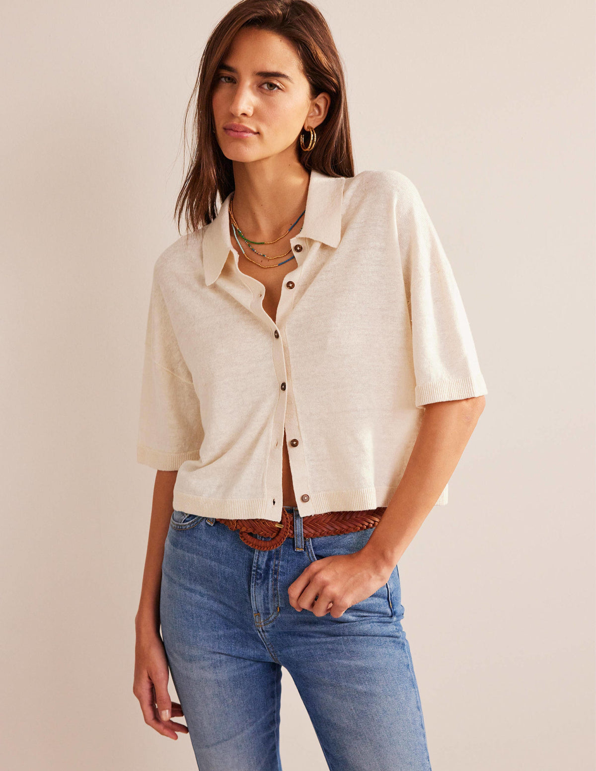 Collared Linen Knitted Shirt-Warm Ivory-1