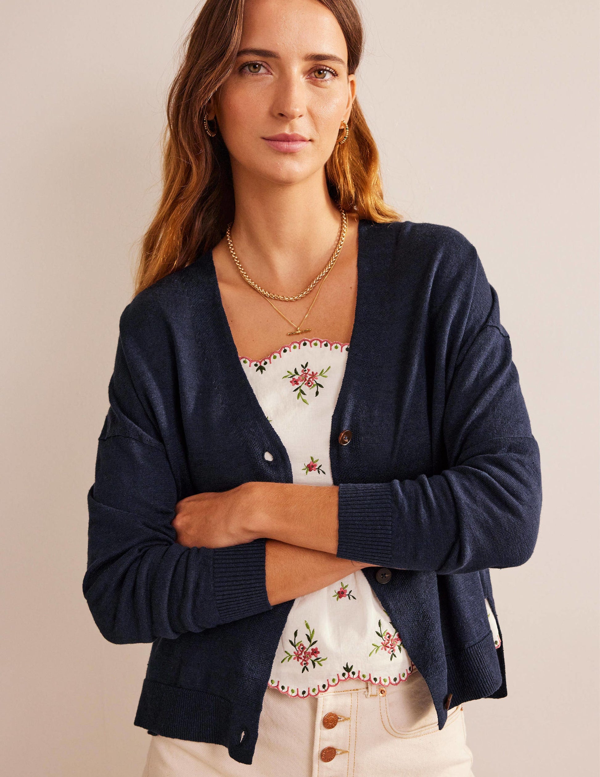Leinencardigan mit überschnittener Schulter-Marineblau-1