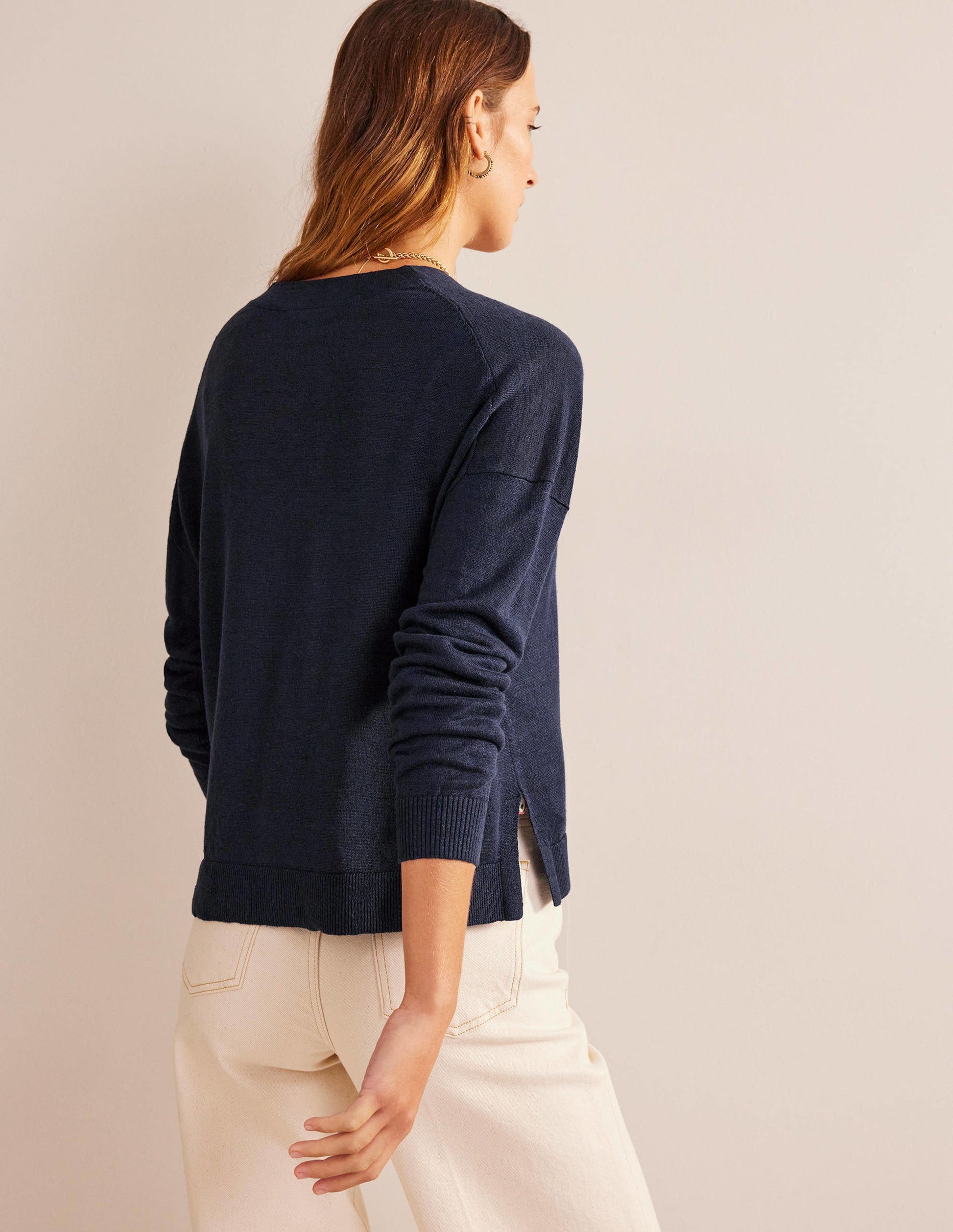 Leinencardigan mit überschnittener Schulter-Marineblau-3