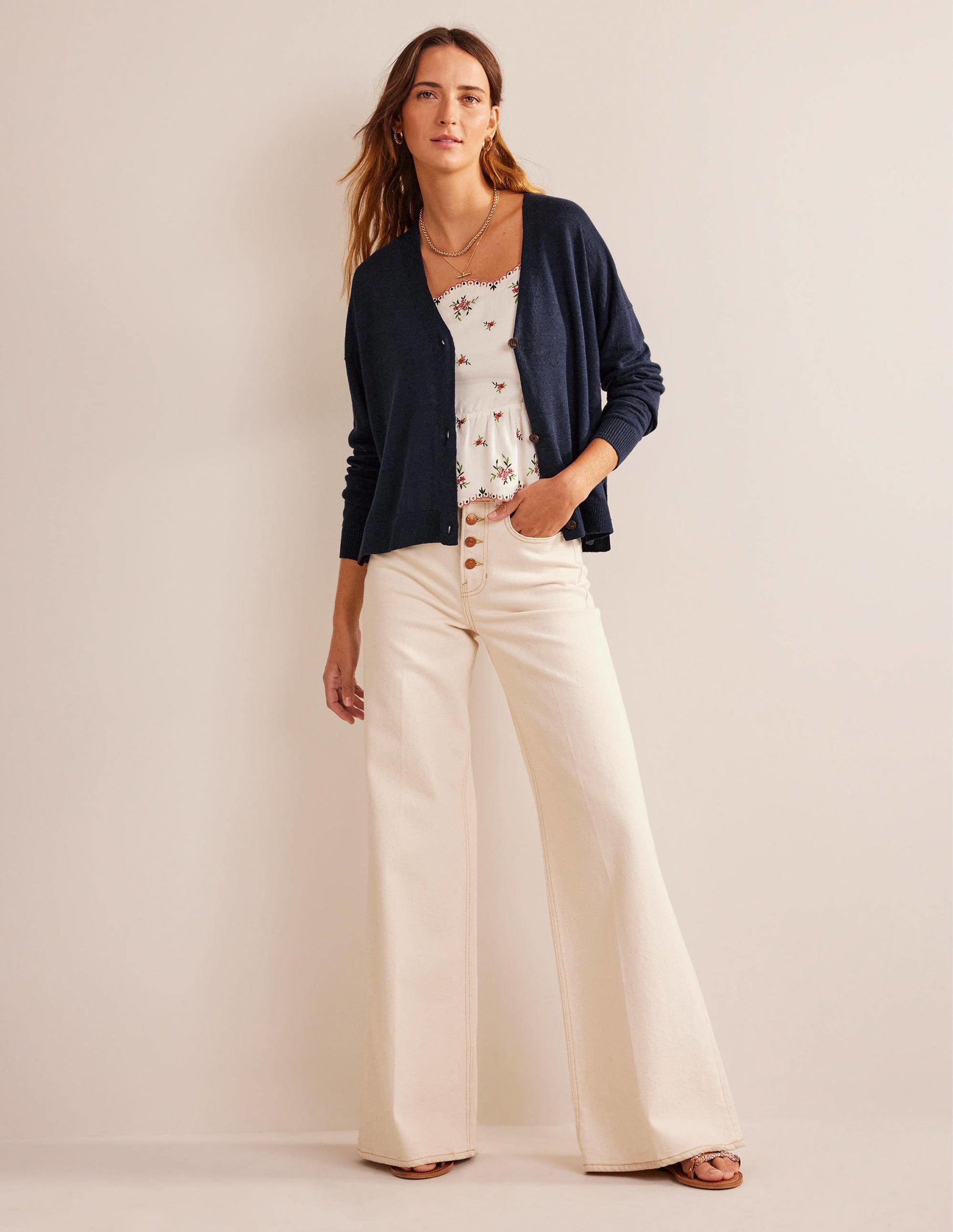 Leinencardigan mit überschnittener Schulter-Marineblau-4