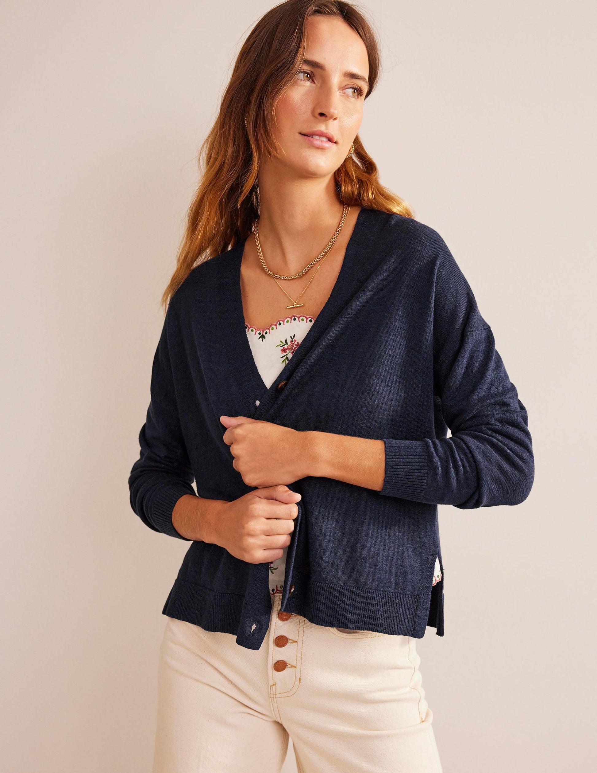 Leinencardigan mit überschnittener Schulter-Marineblau-5