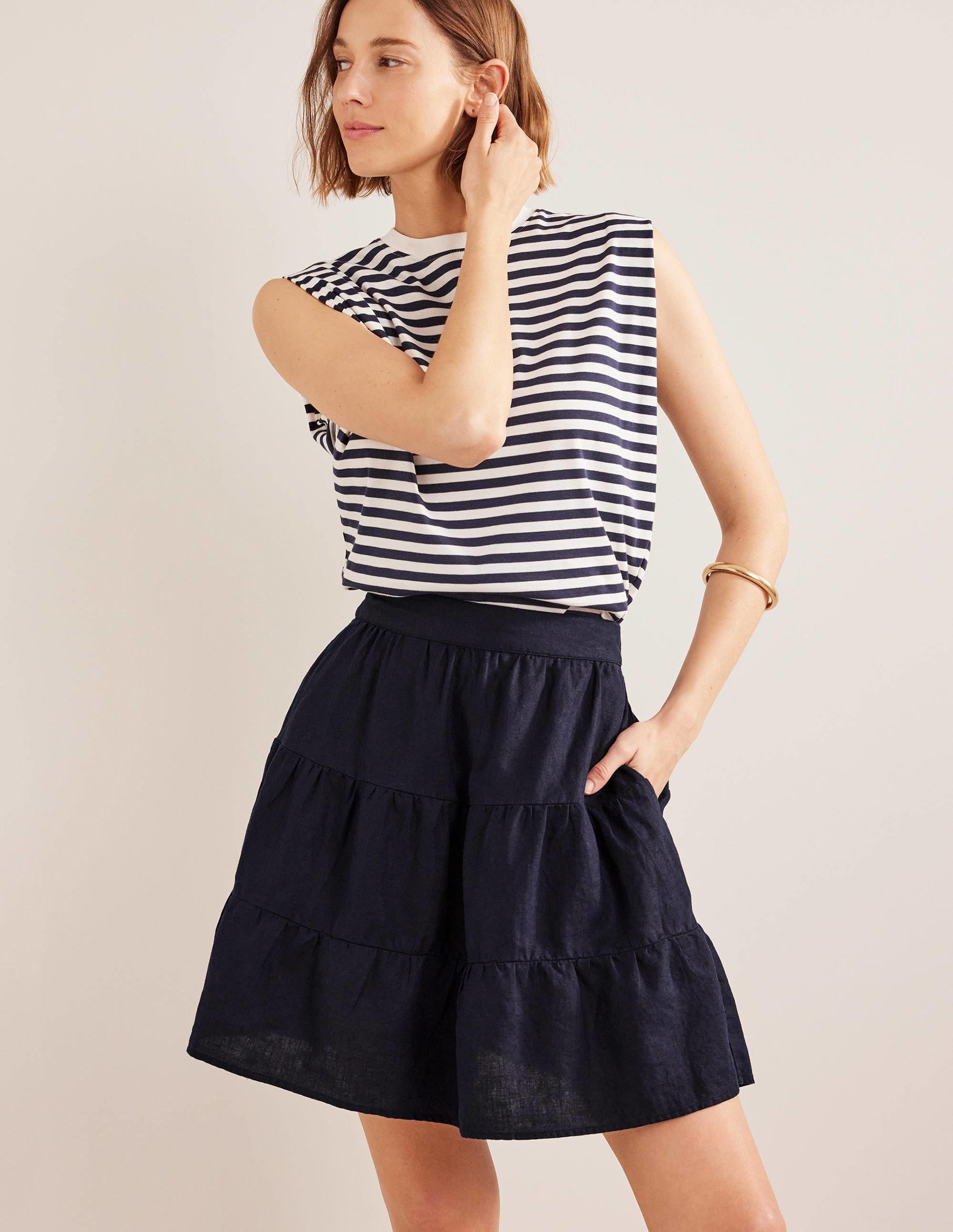 Pull On Tiered Linen Skirt-Navy - Image 1