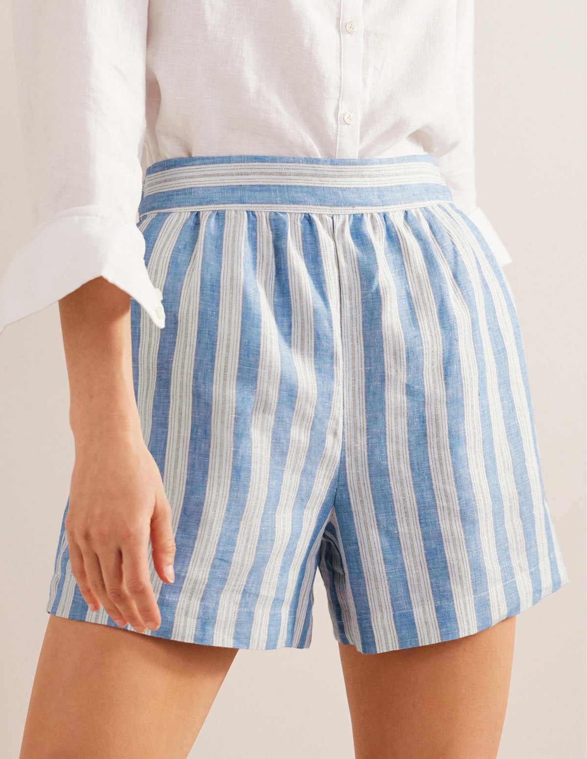 Pull-on Linen Shorts-Porcelain Blue, Sparkle Stripe-4