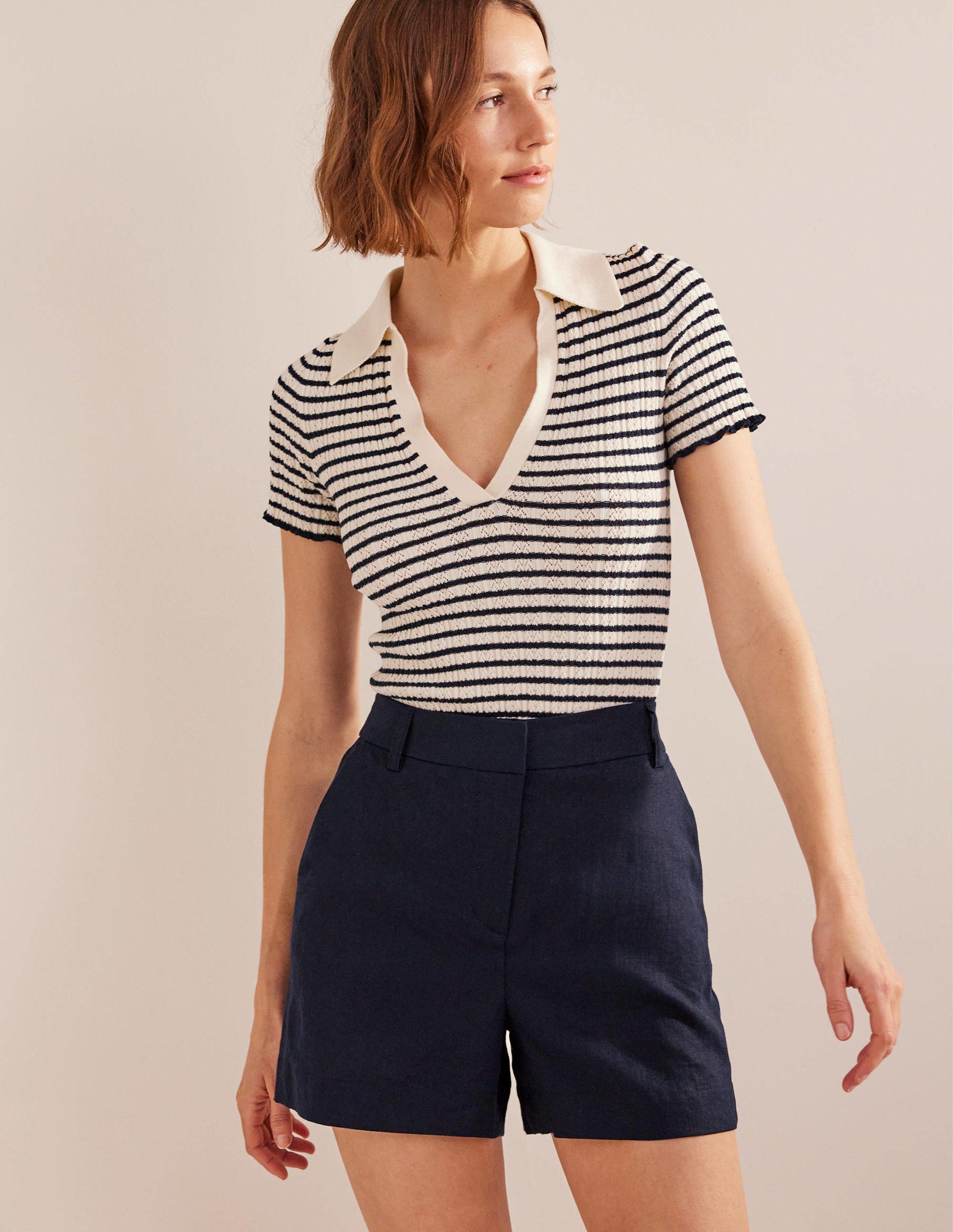 Taillierte Leinenshorts-Marineblau-4