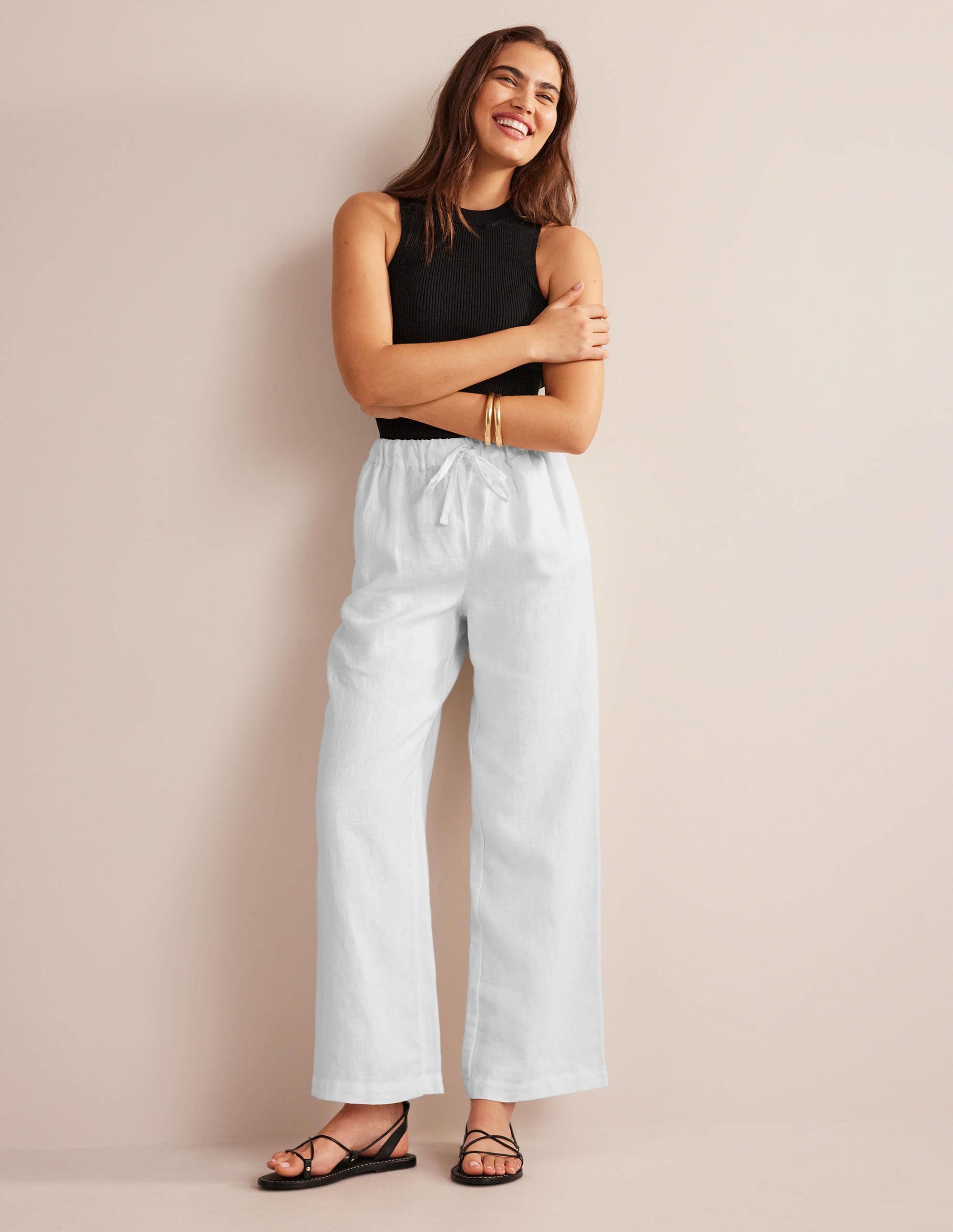 Pantalon décontracté à enfiler en lin-Blanc - Image 1