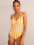 Maillot de bain à fines bretelles-Jaune gingembre, rayé ivoire
