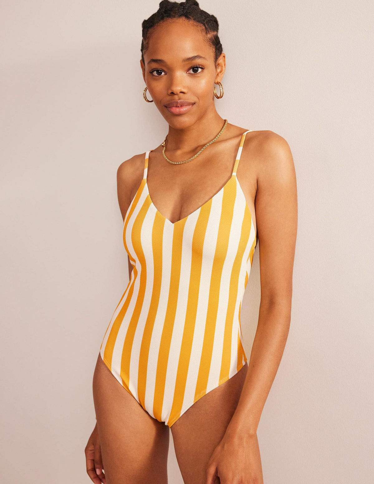 Maillot de bain à fines bretelles-Jaune gingembre, rayé ivoire-1