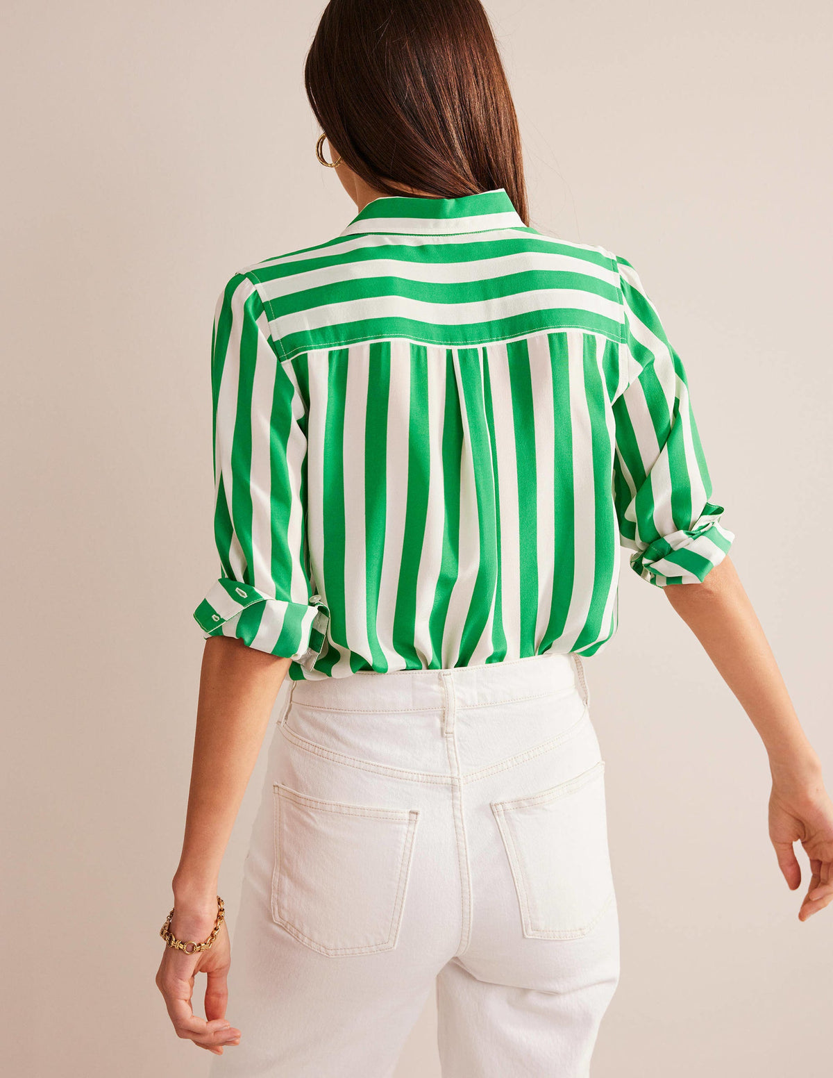 Nouvelle chemise en soie-Émeraude profond et rayé ivoire - Image 3