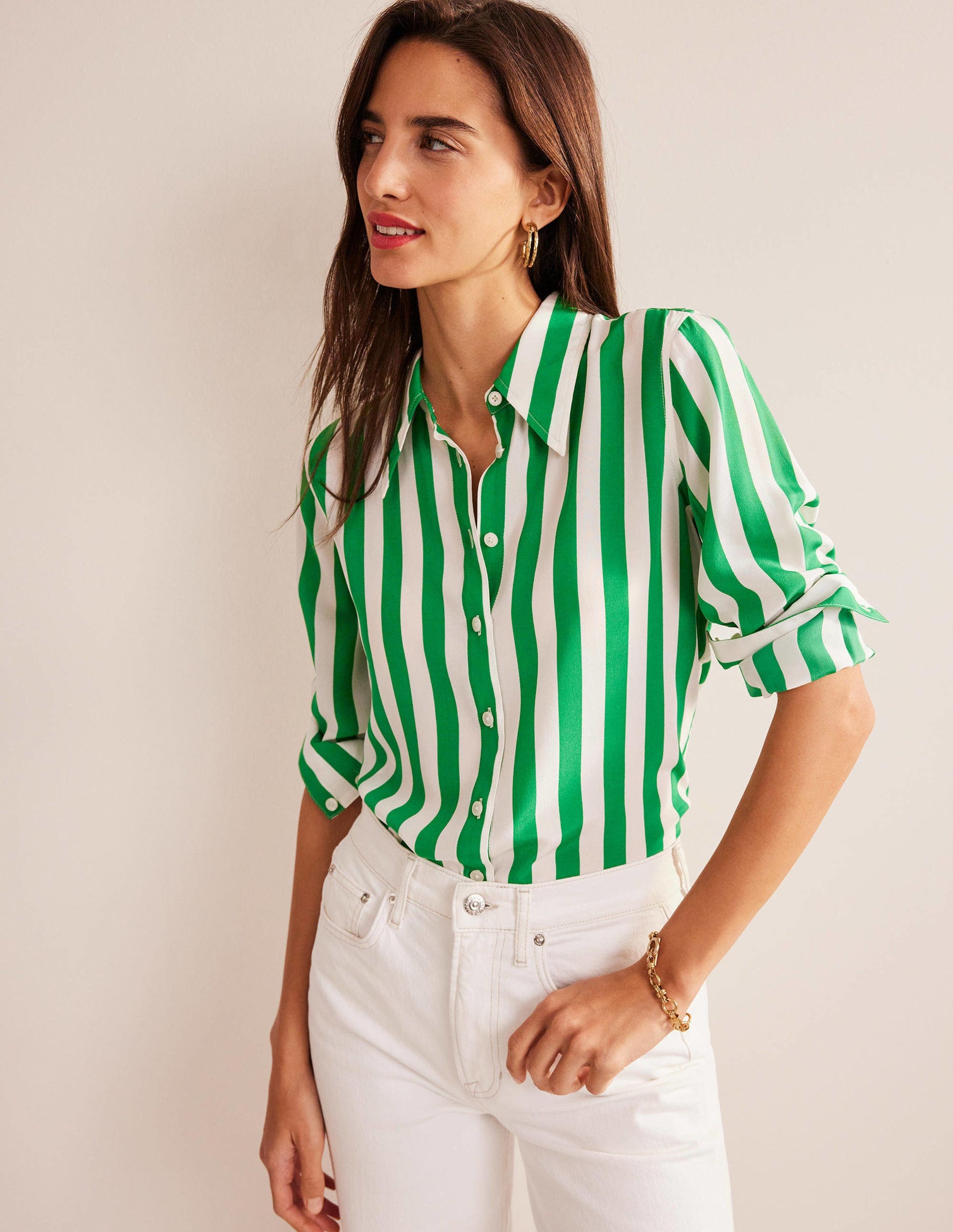 Nouvelle chemise en soie-Émeraude profond et rayé ivoire-4