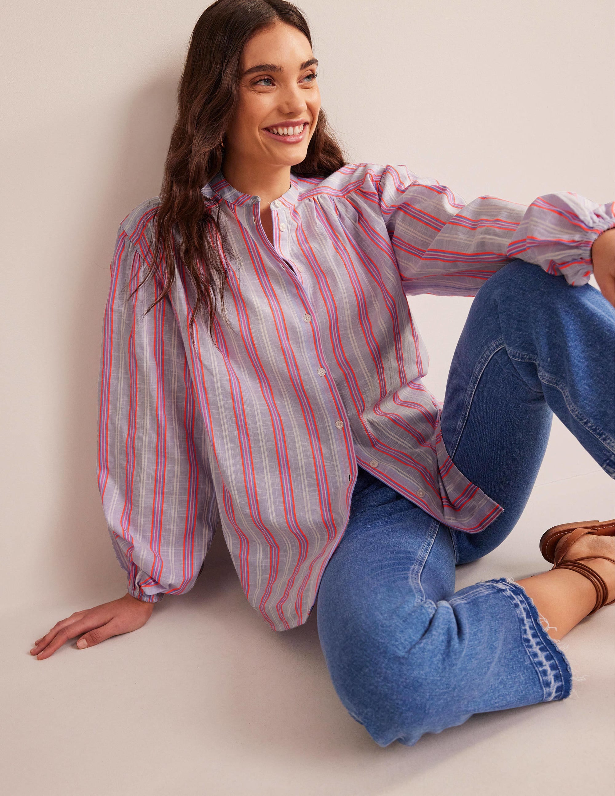 Oversize-Hemd mit Blousonärmeln-Blau/Wassermelonenrosa - Image 1