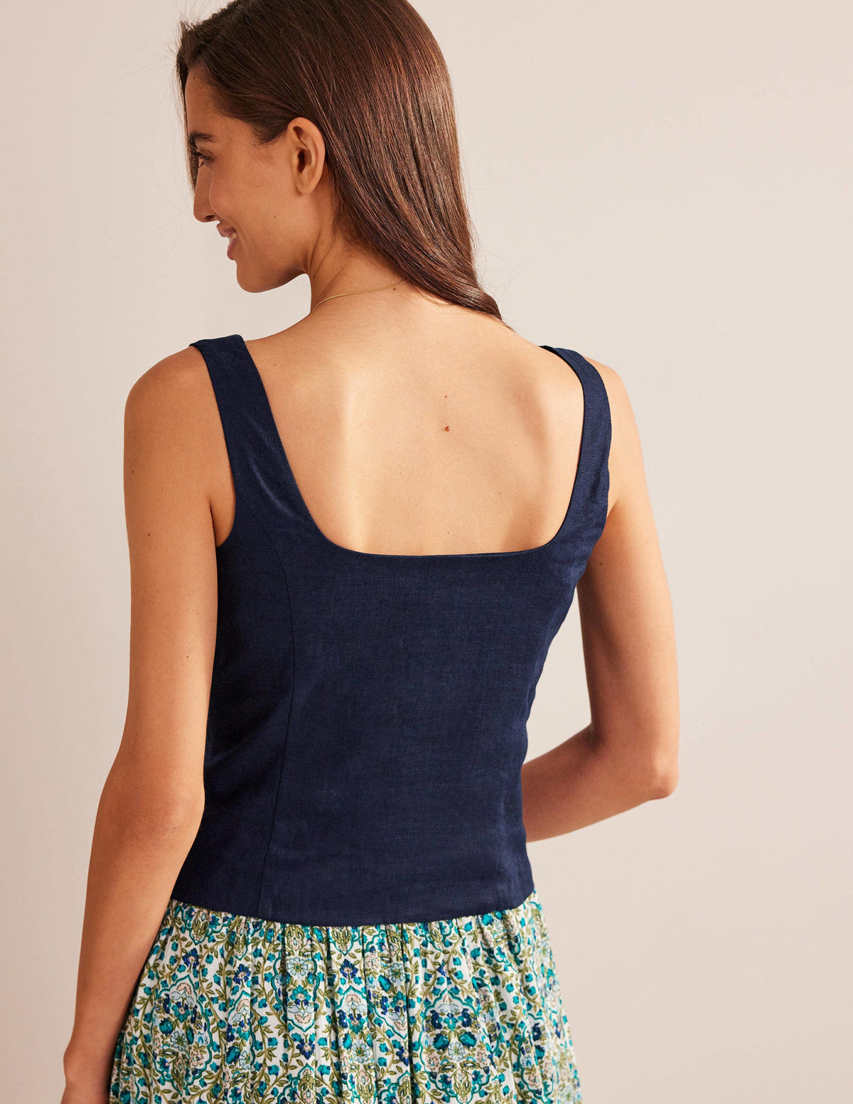 Square Neck Linen Top-Navy - Image 3