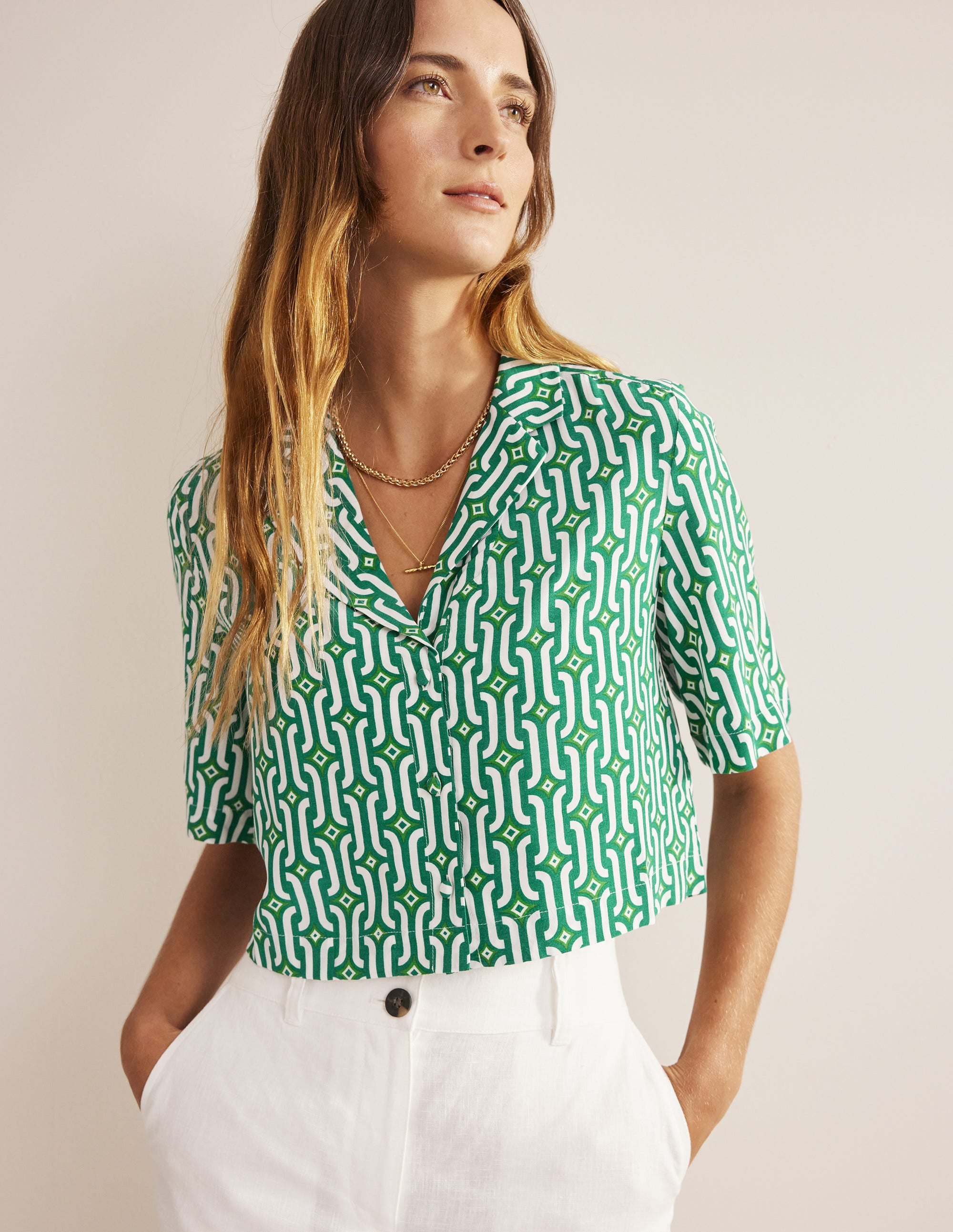Cropped Revere Shirt-Green, Azure Geo - Image 1