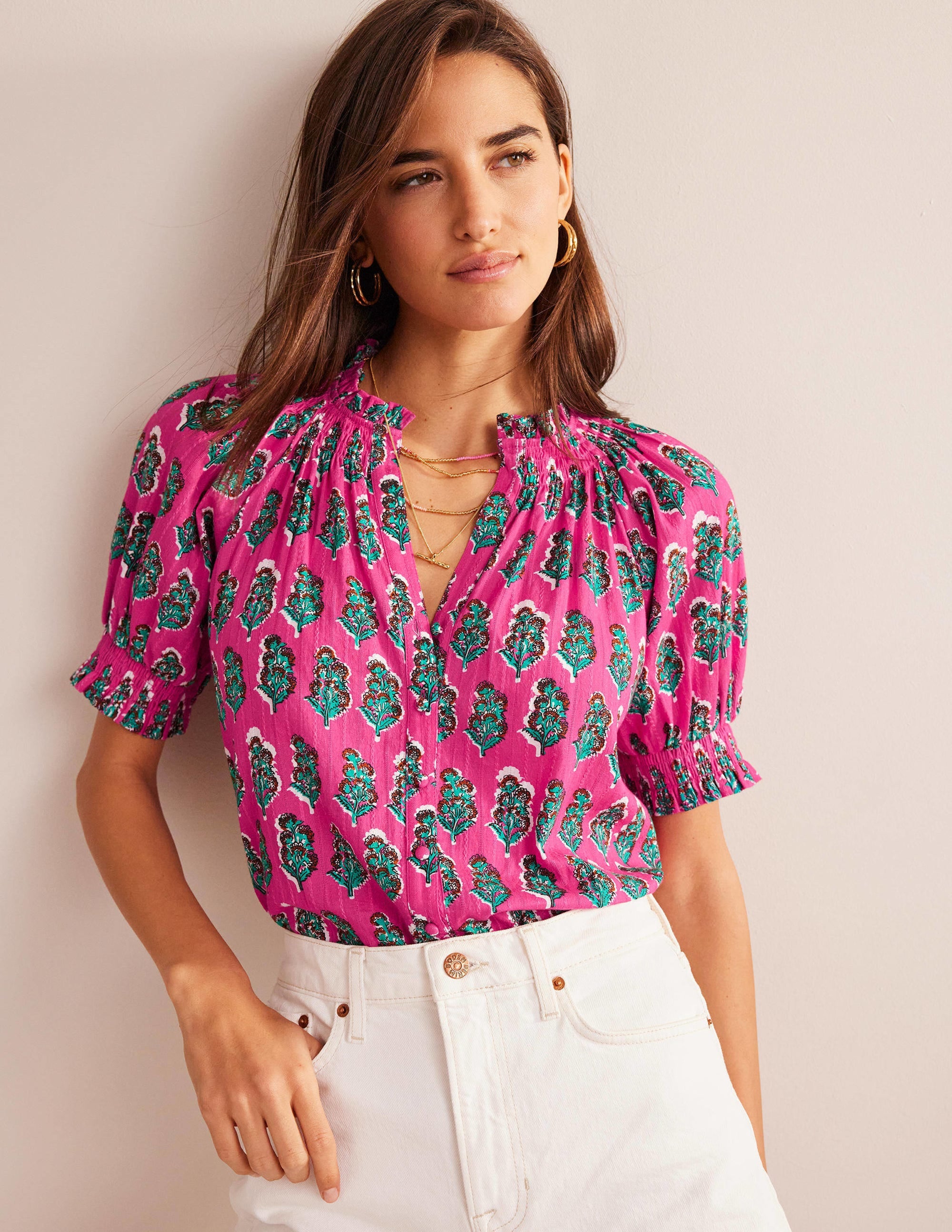Top imprimé à smocks-Rose festival, motif Artisan Bloom - Image 1