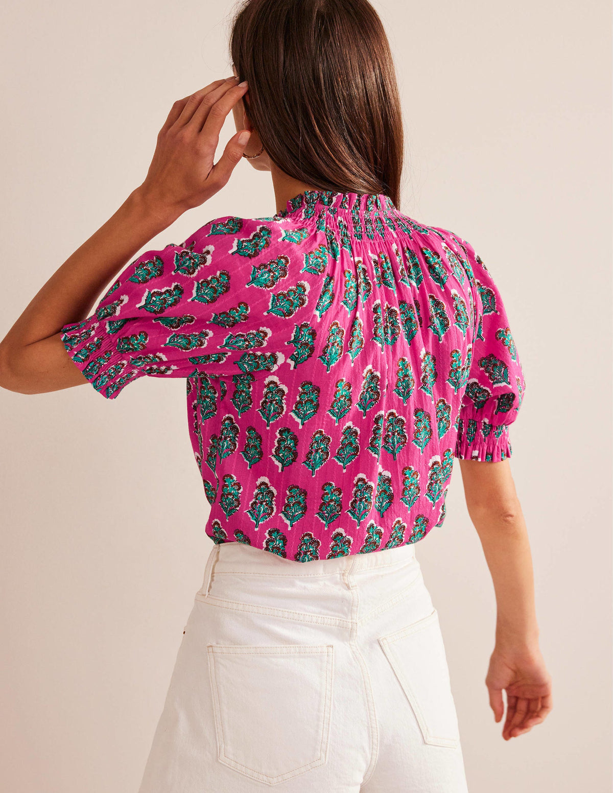 Top imprimé à smocks-Rose festival, motif Artisan Bloom - Image 3