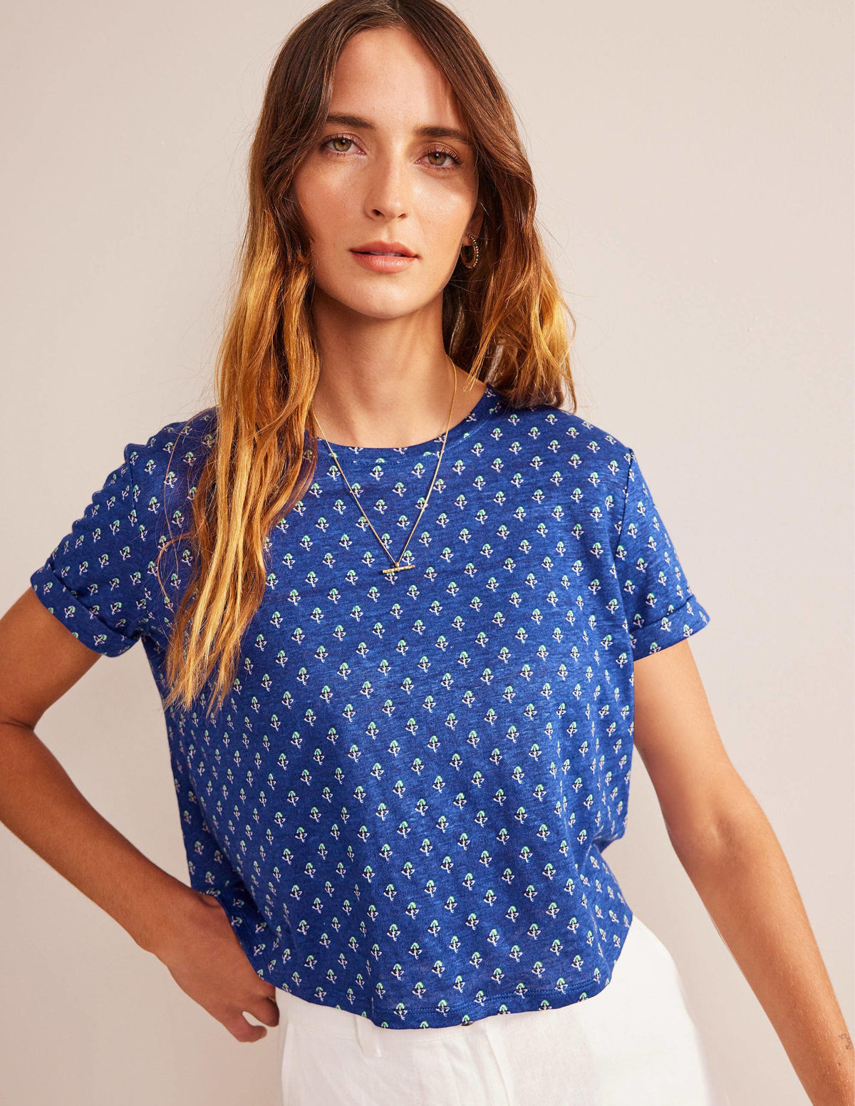 Printed Linen T-shirt-Blue Wave, Tulip Blush - Image 1