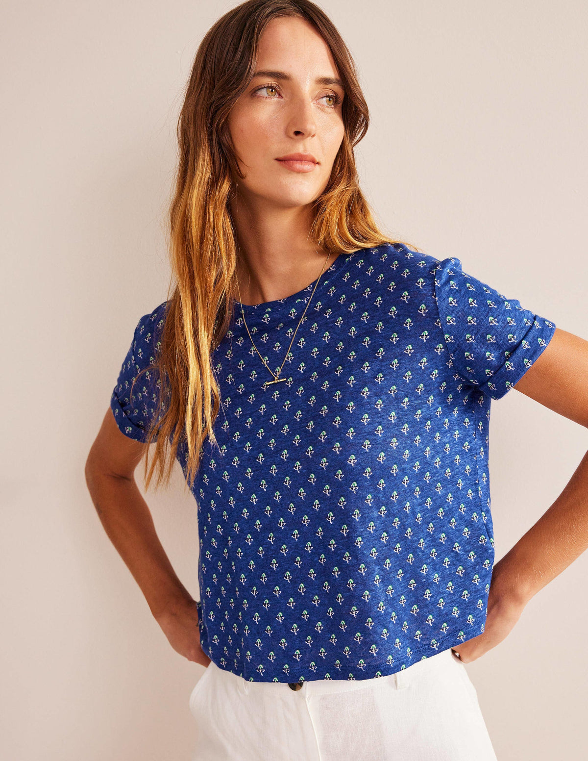 Printed Linen T-shirt-Blue Wave, Tulip Blush - Image 4