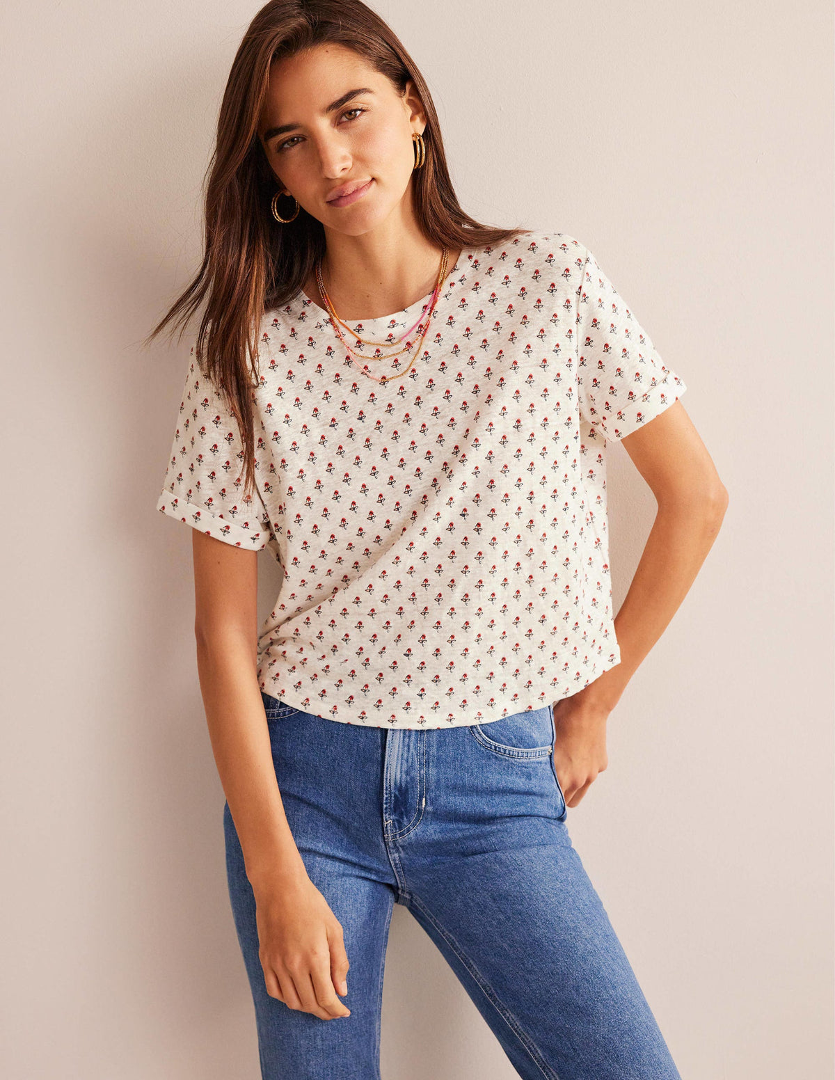 Gemustertes Leinen-T-Shirt-Naturweiß, Tulpenmuster - Image 1